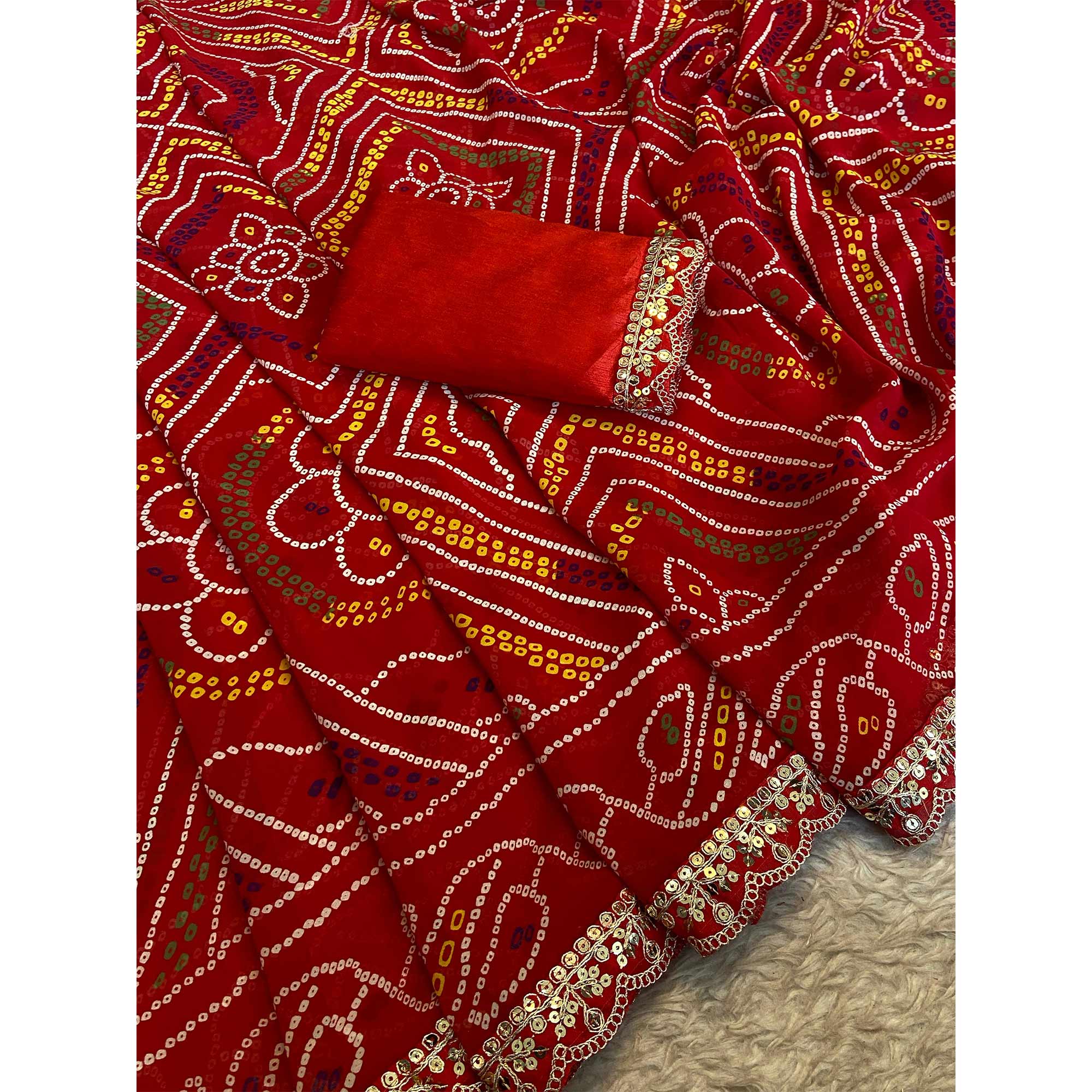 Vibrant Red Bandhani Georgette Saree With Cording & Sequins Lace Border