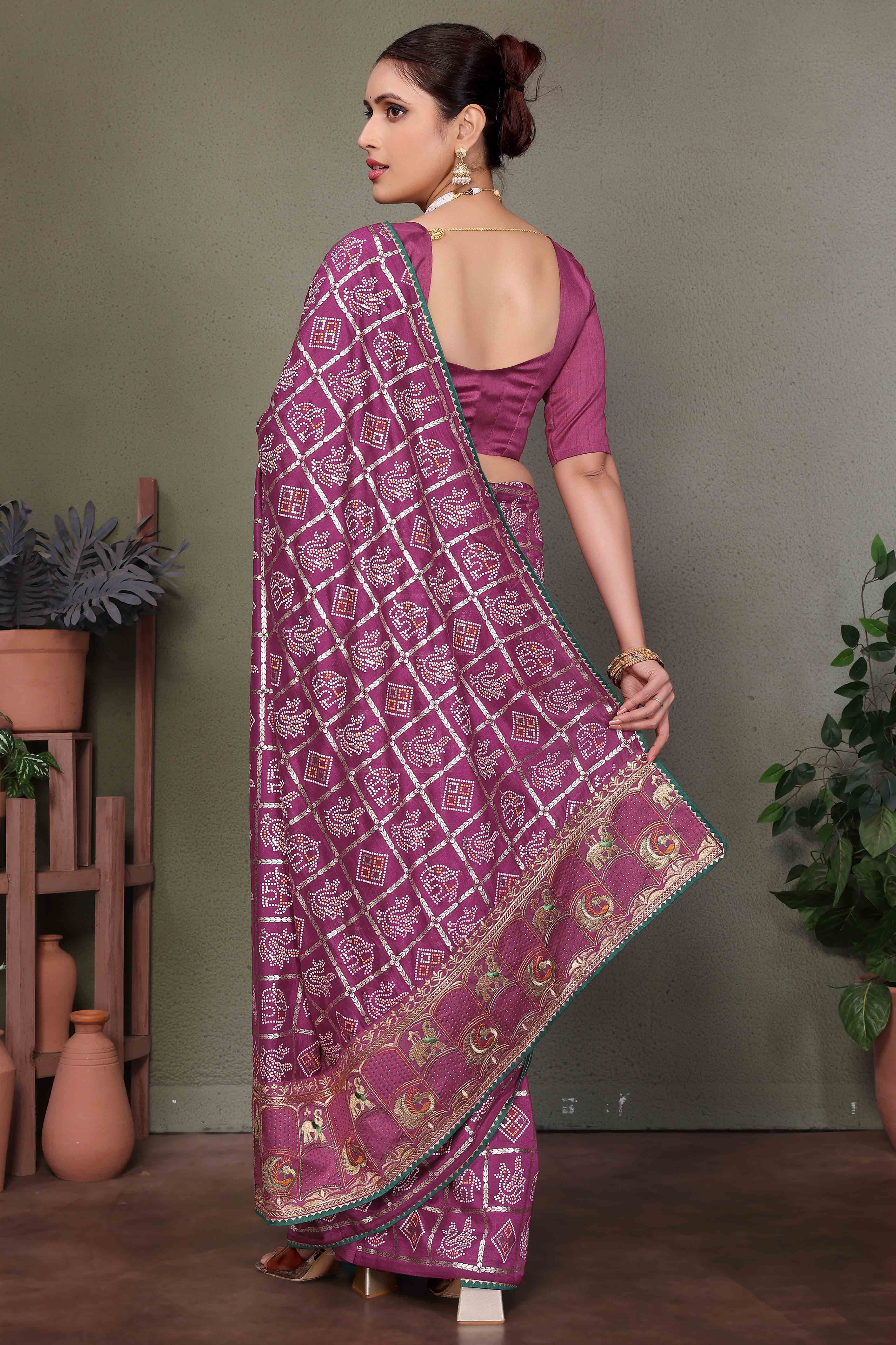 Purple Vichitra Silk Saree Featuring Bandhani Patterns and Graceful Embroidered Borders