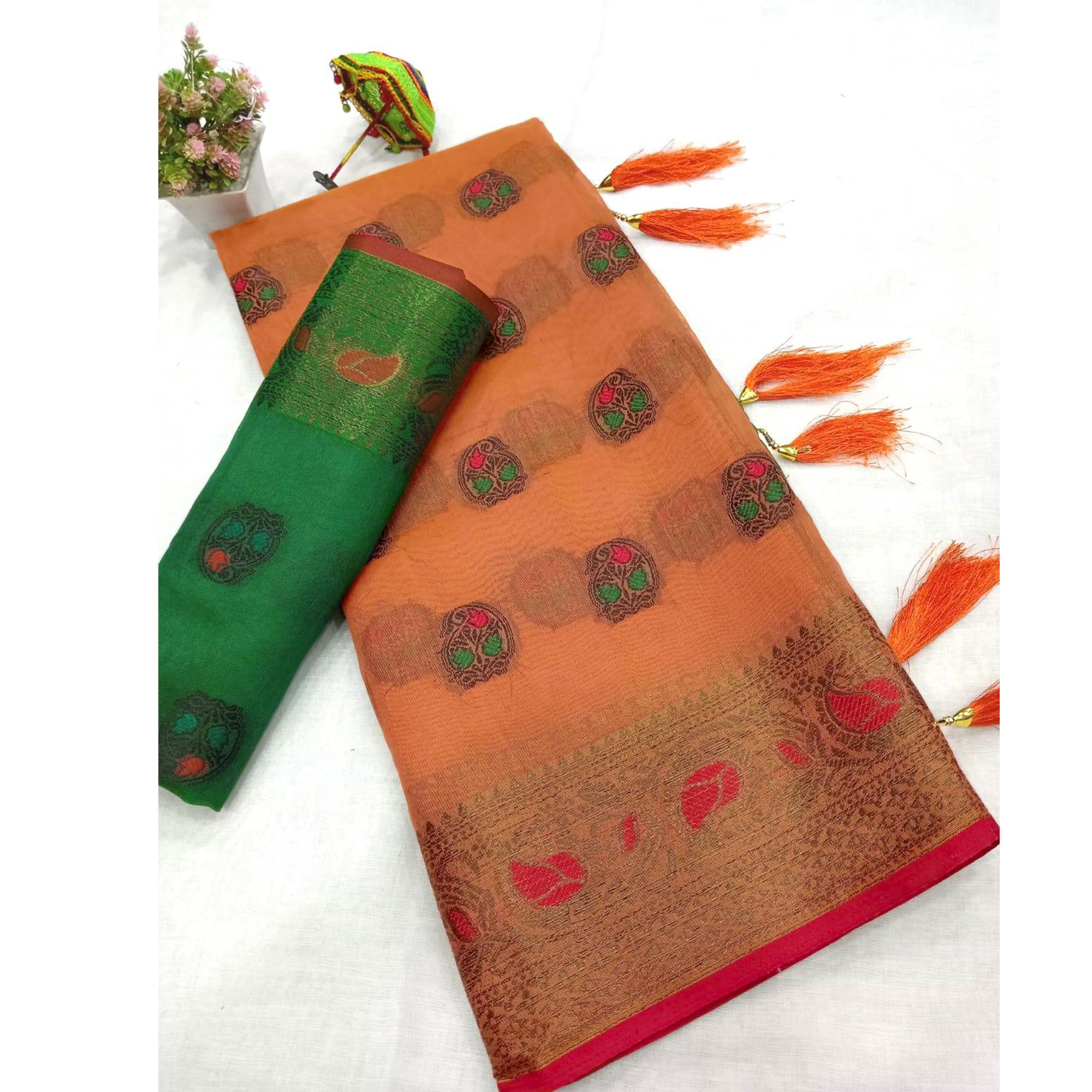 Orange Zari Work Woven Cotton Silk Saree