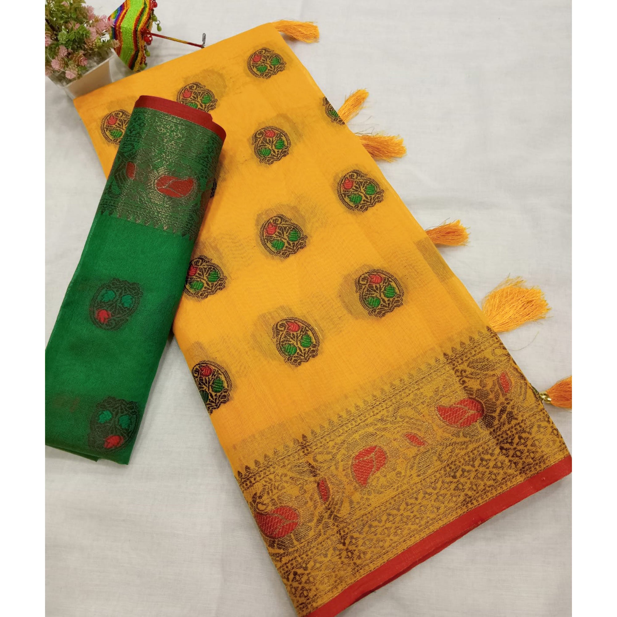 Yellow Zari Work Woven Cotton Silk Saree