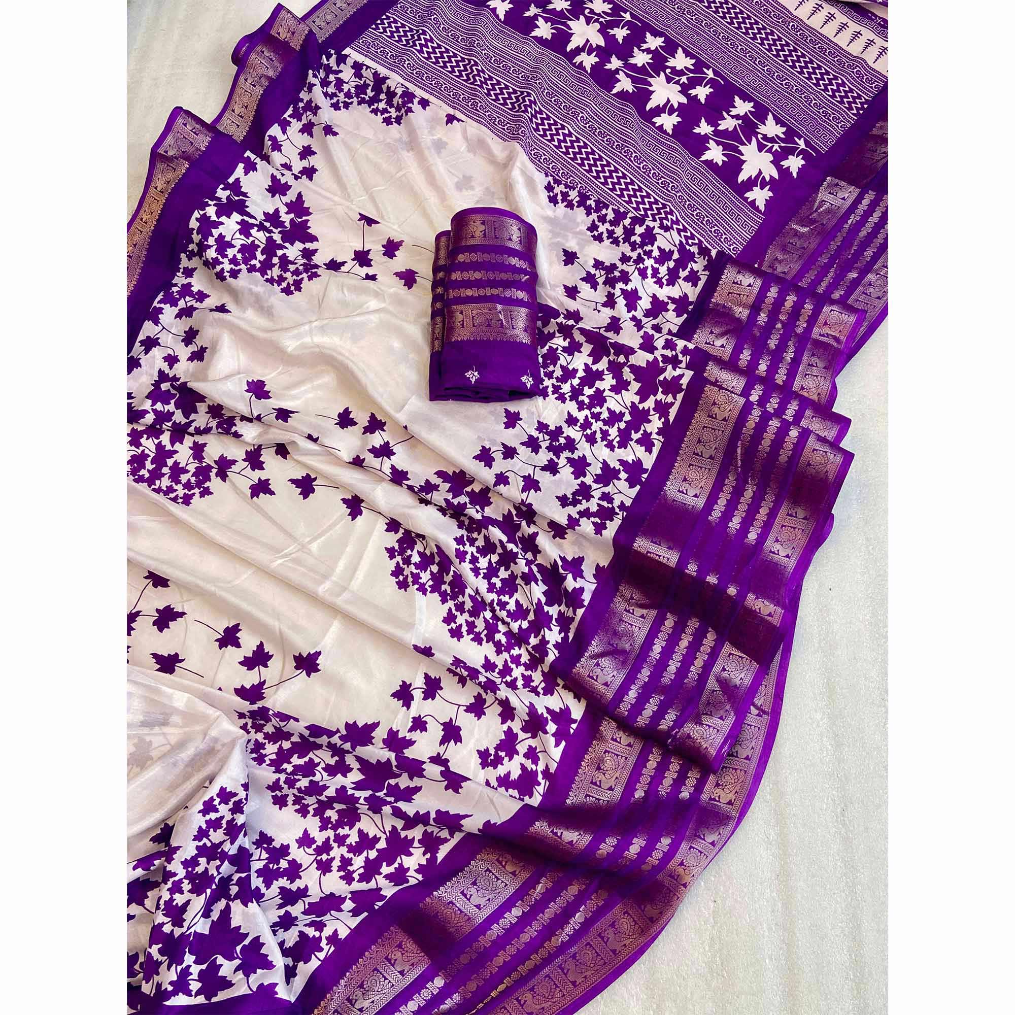 Purple & Offwhite Floral Printed Dola Silk Saree With Zari Border