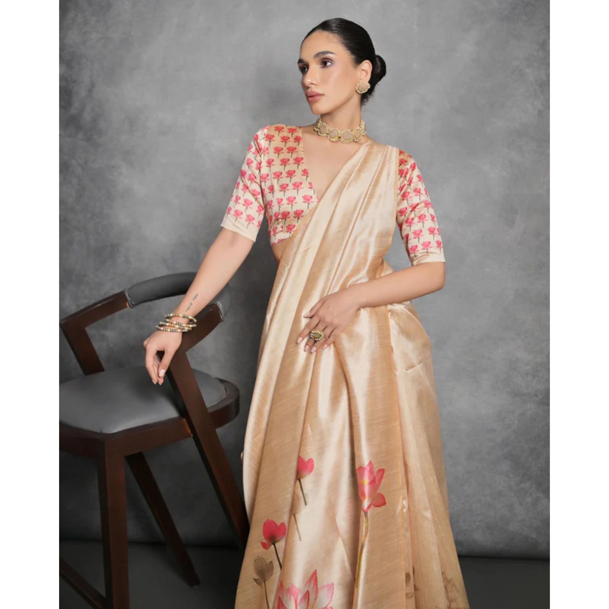 Beige Digital Printed Tussar Silk Saree