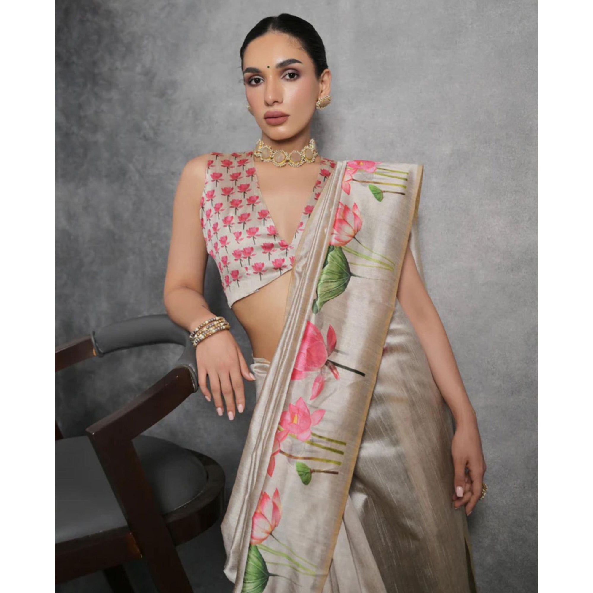 Light Brown Digital Printed Tussar Silk Saree