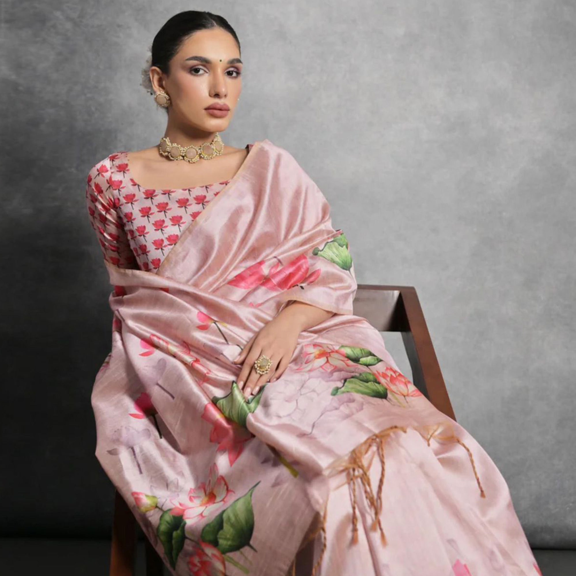 Pink Digital Printed Tussar Silk Saree