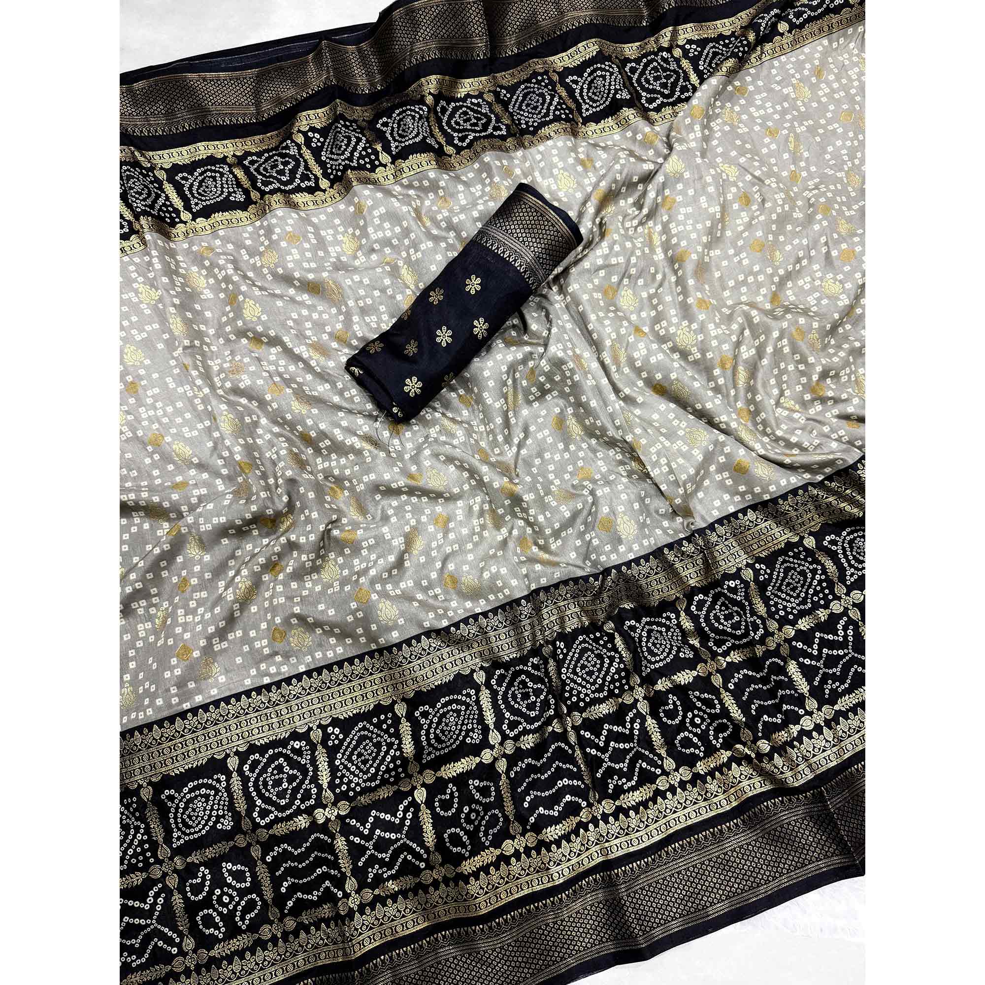 Grey & Black Dola Silk Saree Featuring Traditional Bandhani Print & Woven Border