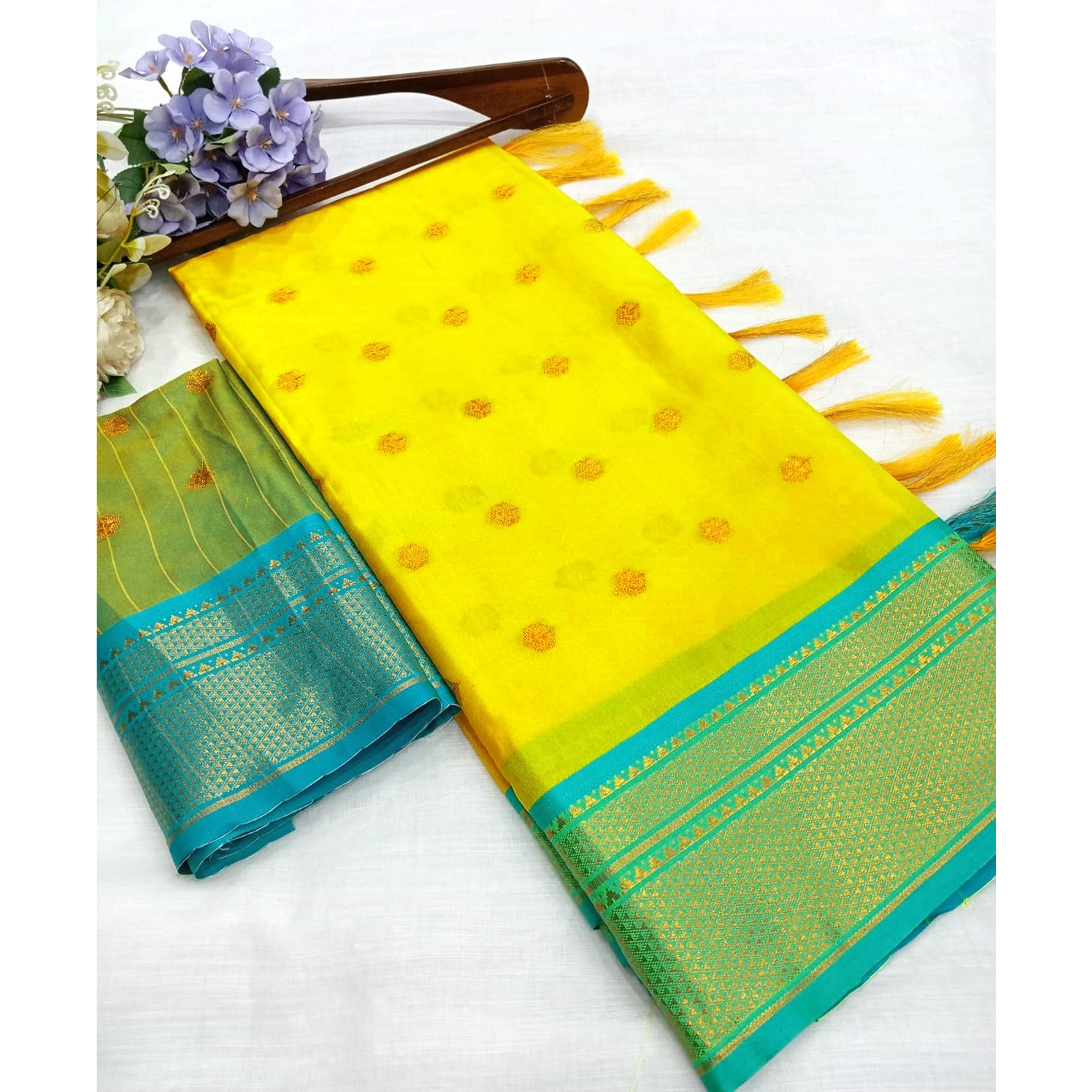 Lemon Yellow Zari Woven Lichi Art Silk Saree With Tassels