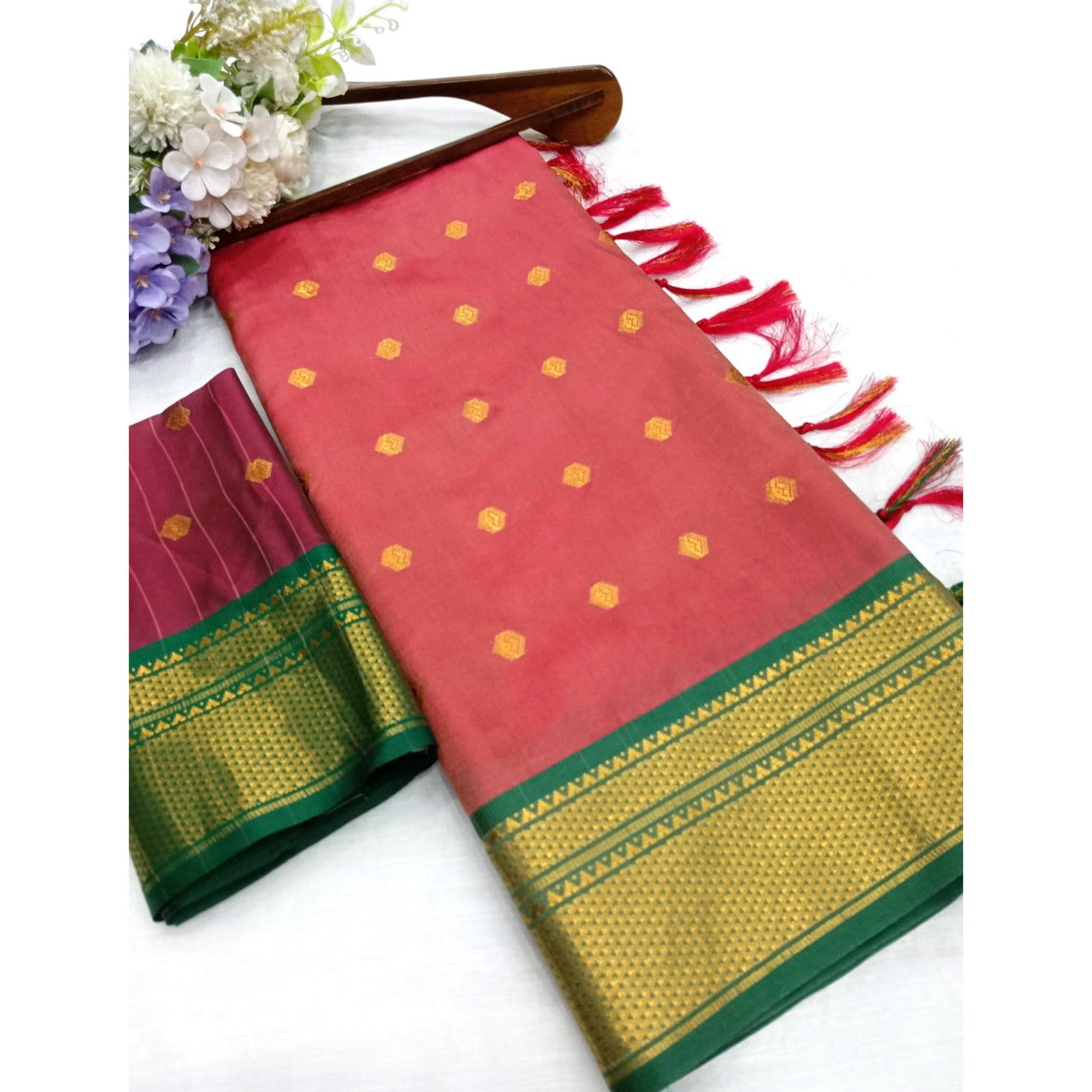 Peach Zari Woven Lichi Art Silk Saree With Tassels