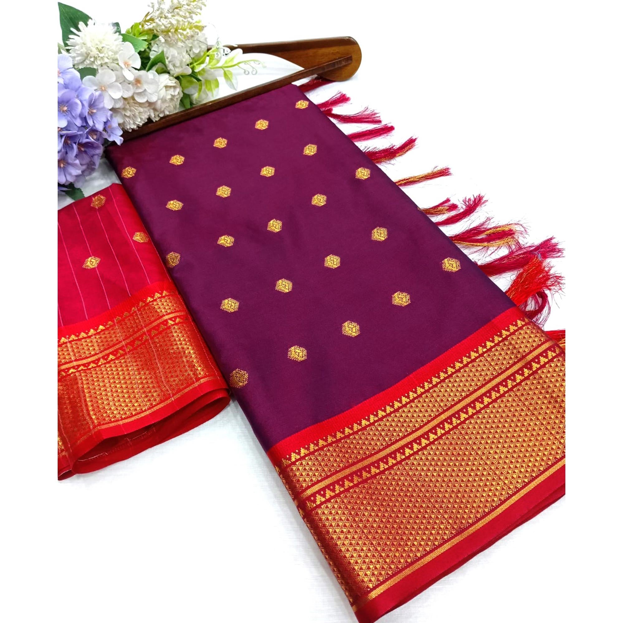 Purple Zari Woven Lichi Art Silk Saree With Tassels