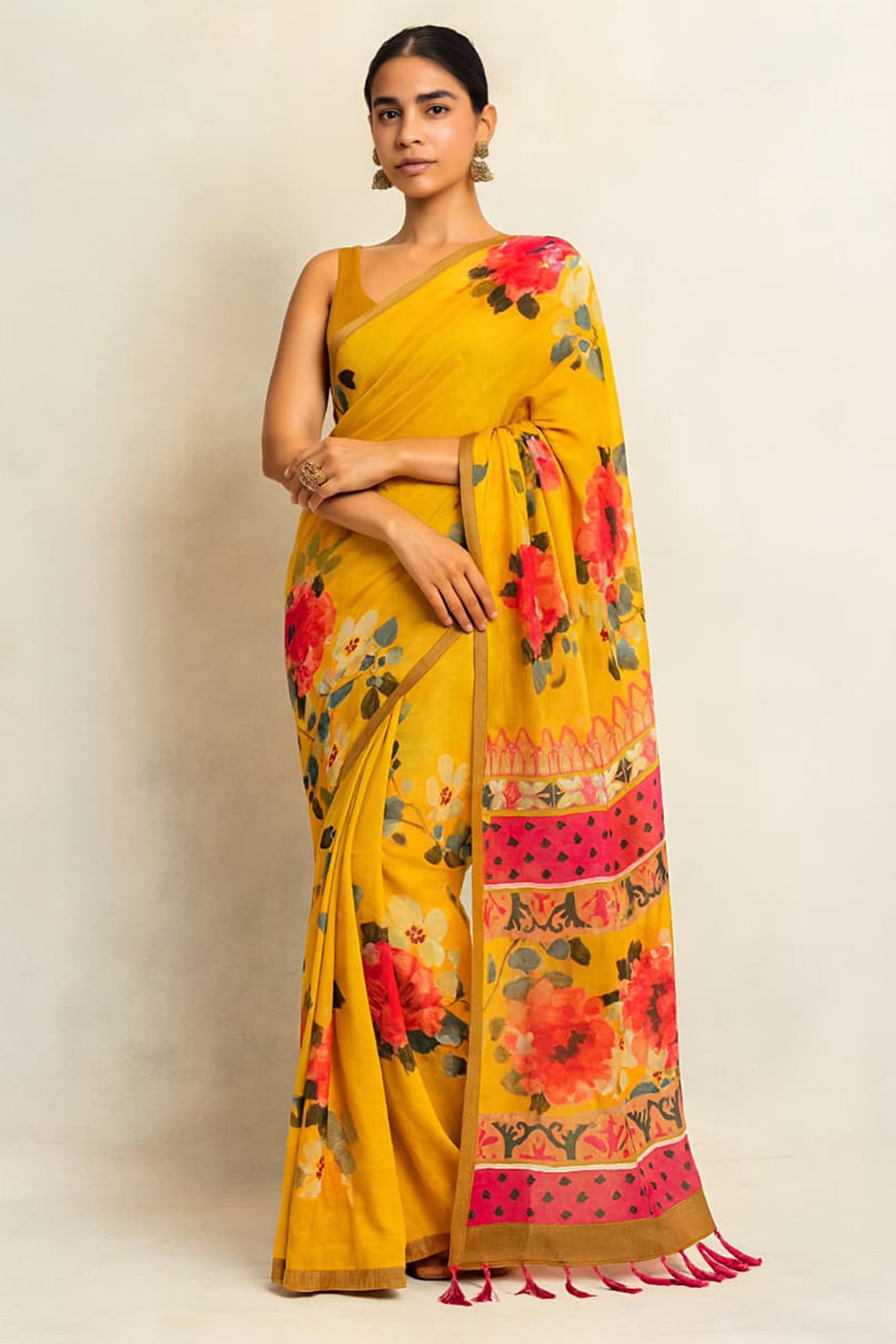 Mustard Linen Cotton Saree Adorned with Vibrant Geometric Prints and Breezy Texture
