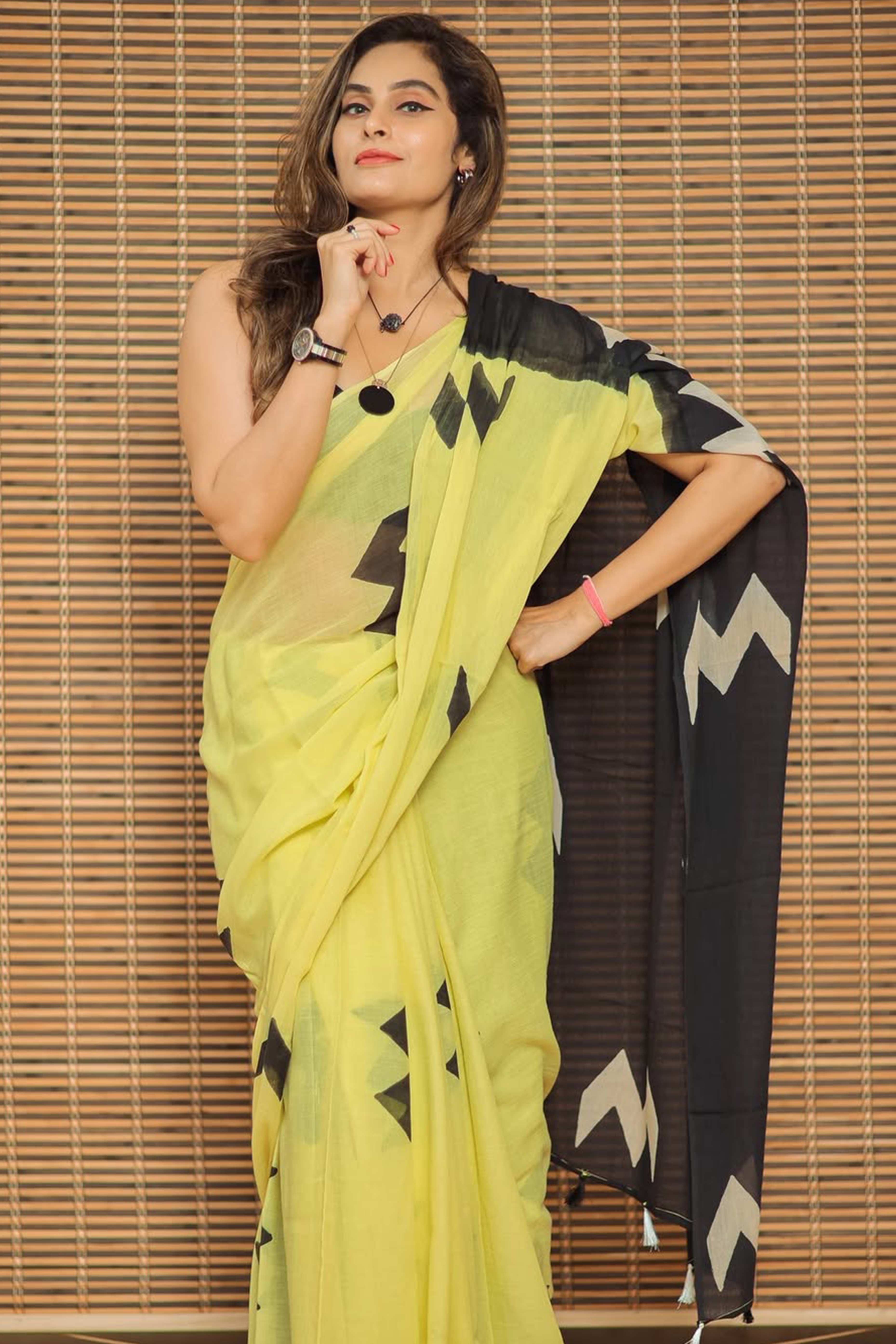 Lemon Yellow Linen Cotton Saree Adorned with Vibrant Geometric Prints and Breezy Texture