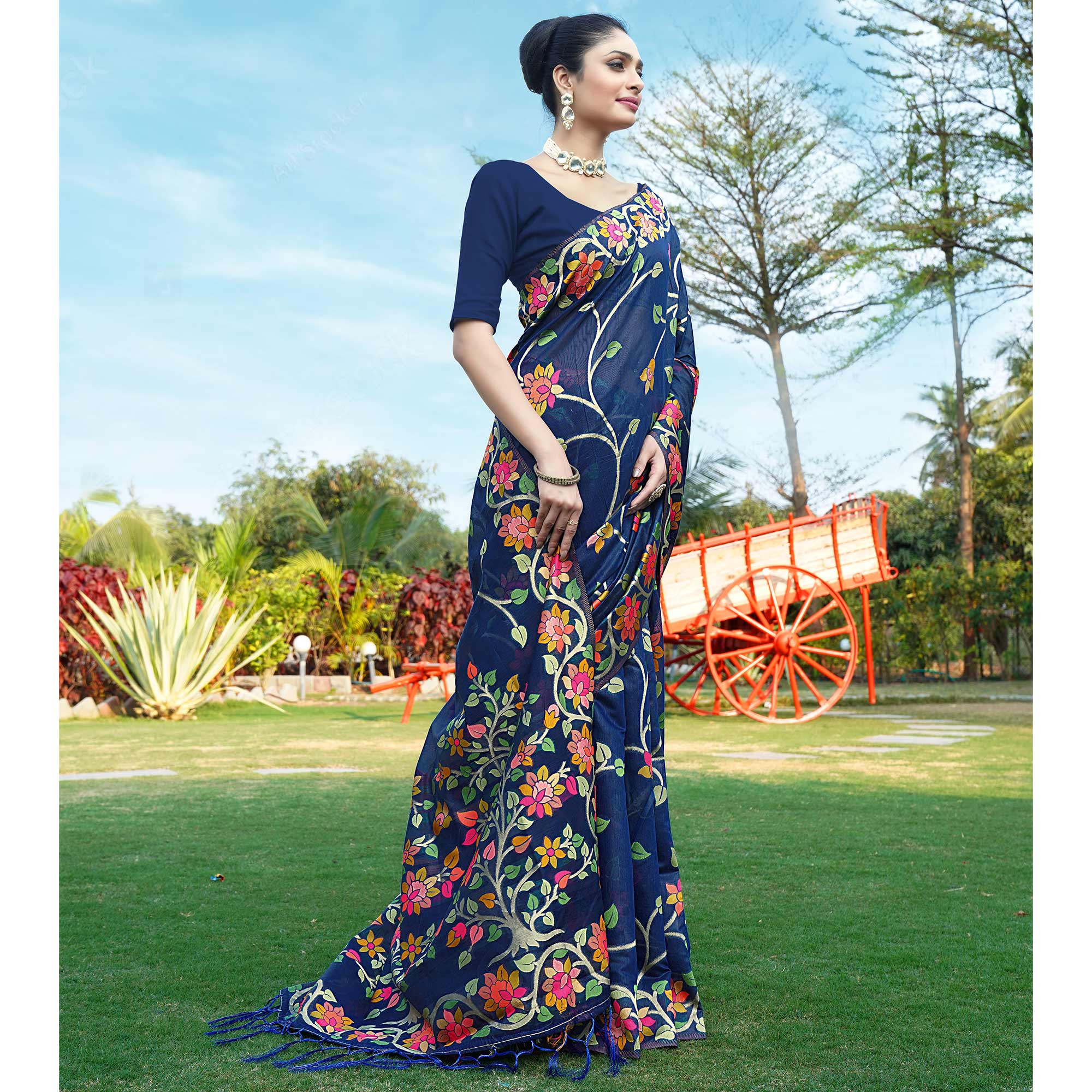 Navy Blue Floral Woven Cotton Silk Saree With Tassels