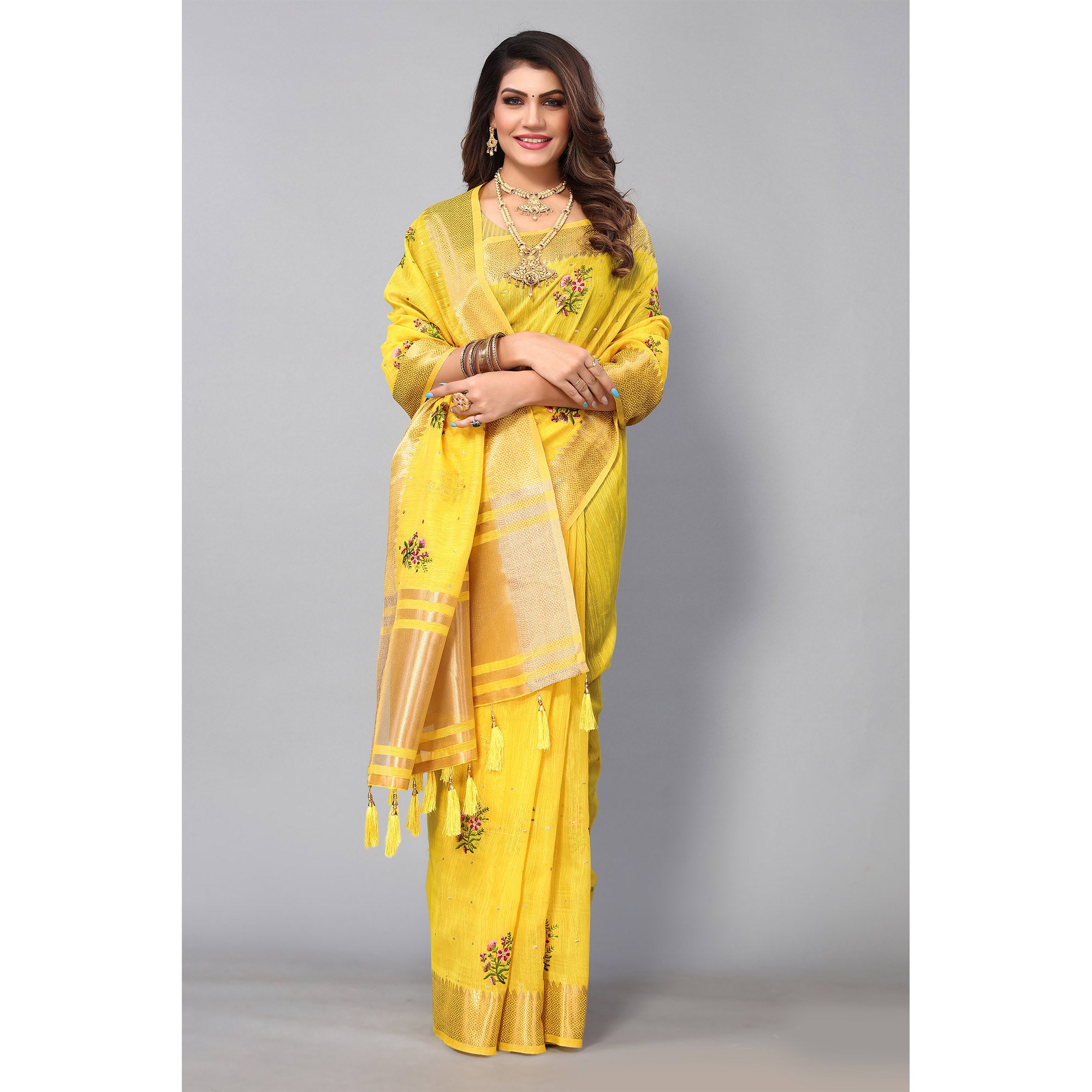 Yellow Floral Embroidered Cotton Silk Saree With Zari Border