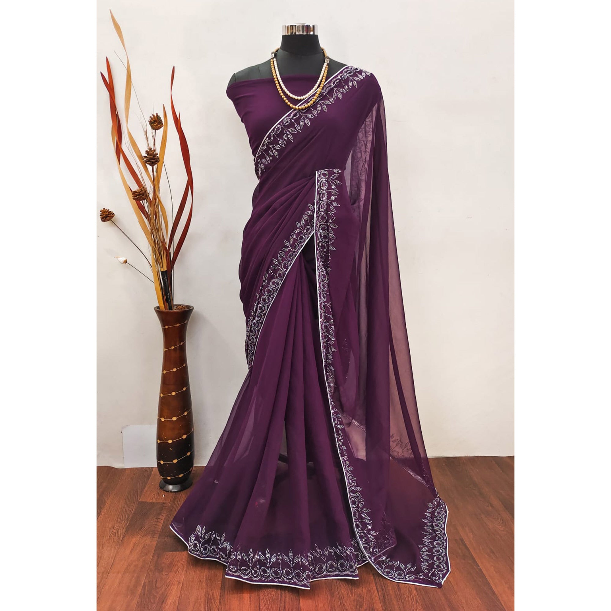 Purple Swarovski Work Embroidered Georgette Saree