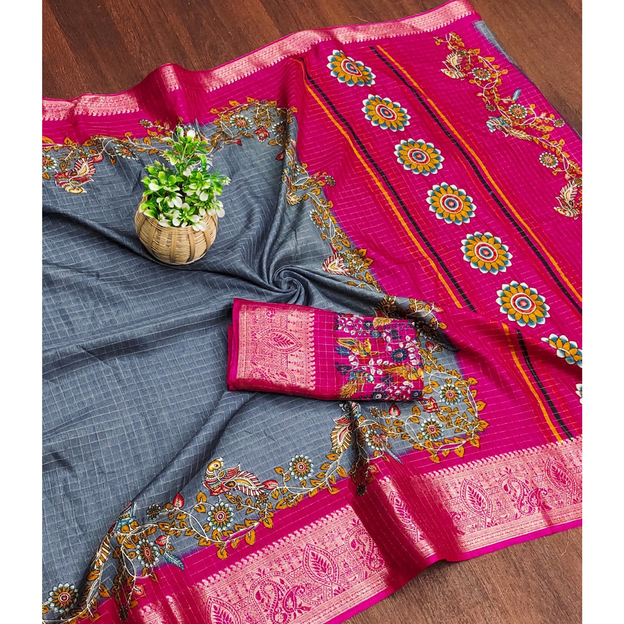 Sophisticated Grey Checks & Peacock Design Saree Crafted In Dola Silk With Weaving Jacquard Border