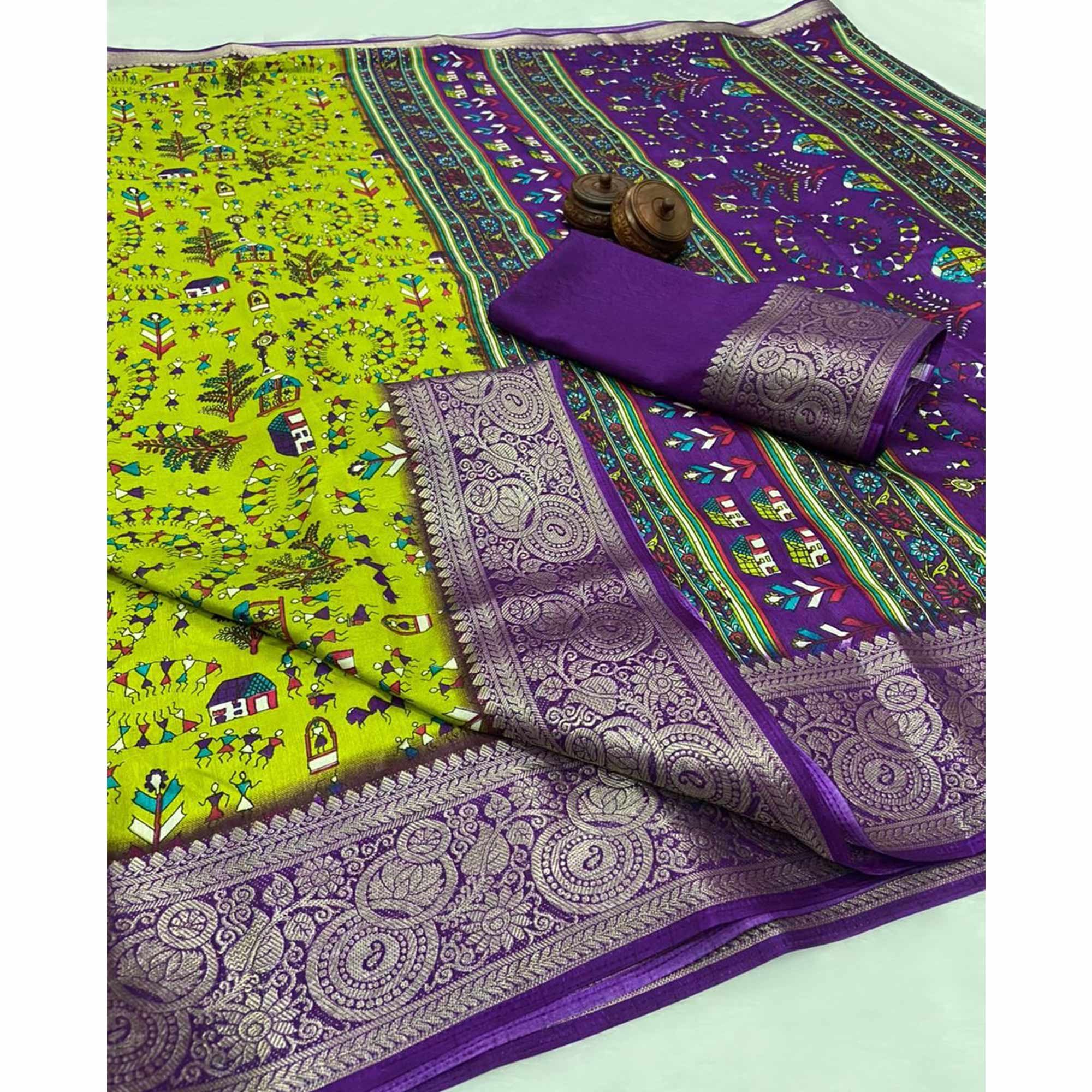 Green Warli Printed Dola Silk Saree With Zari Border