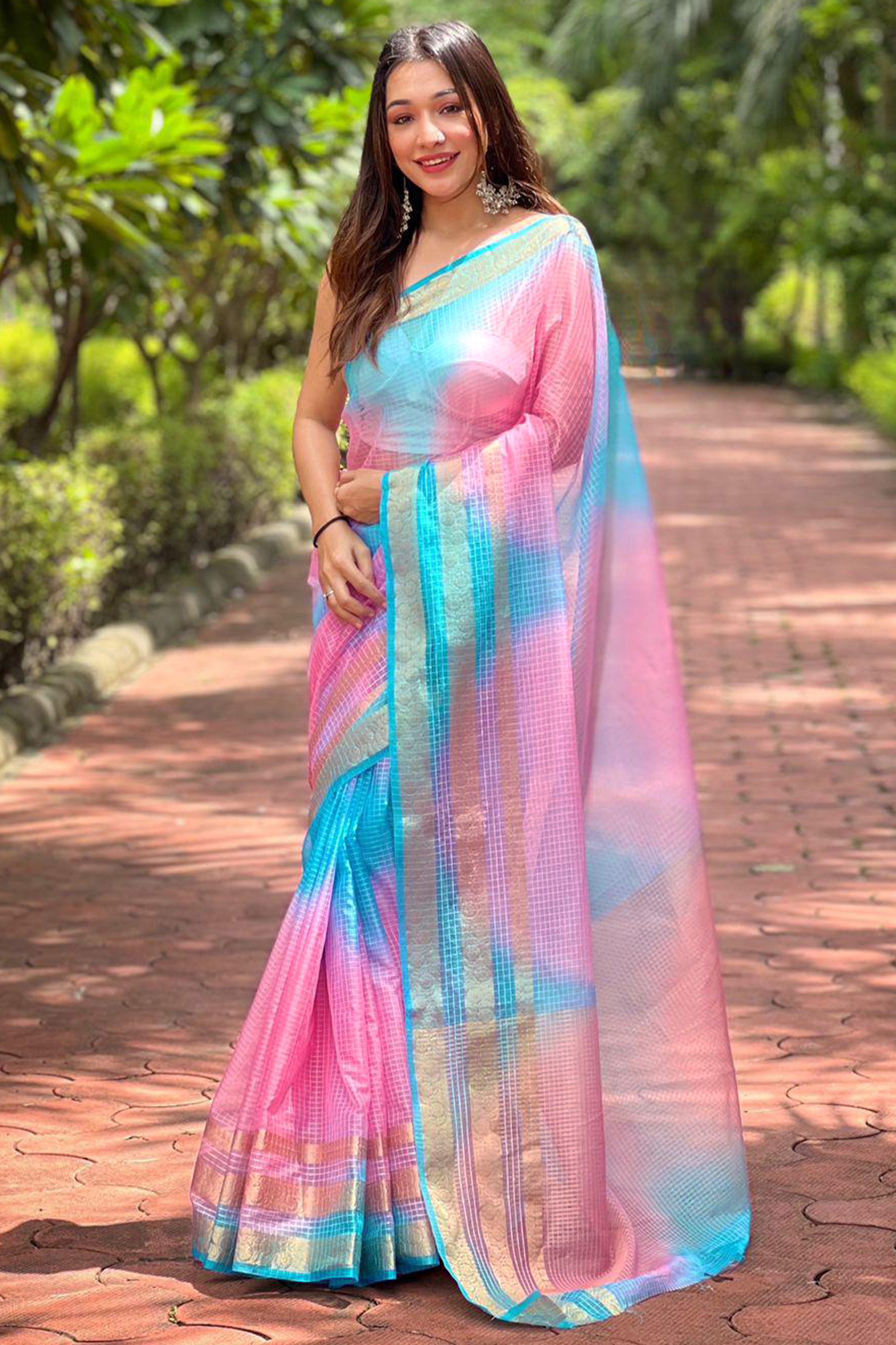 Classic Blue & Pink Kerala Inspired Checked Weaving Organza Saree