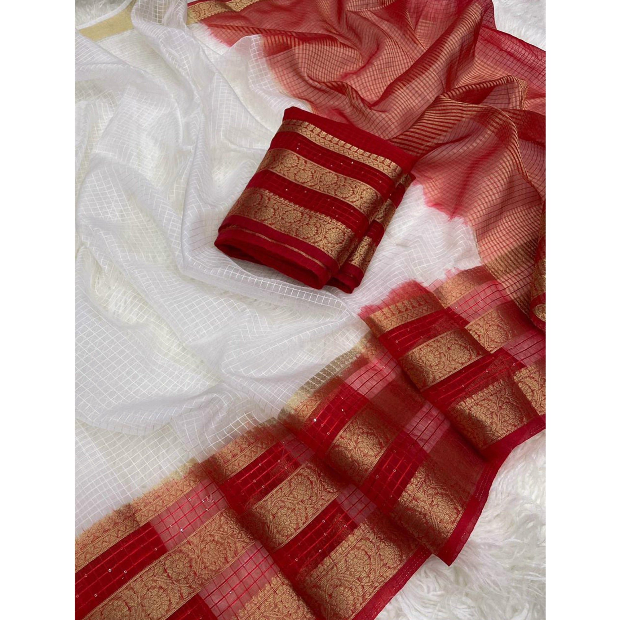 White & Red Kerala Checked Style Organza Saree