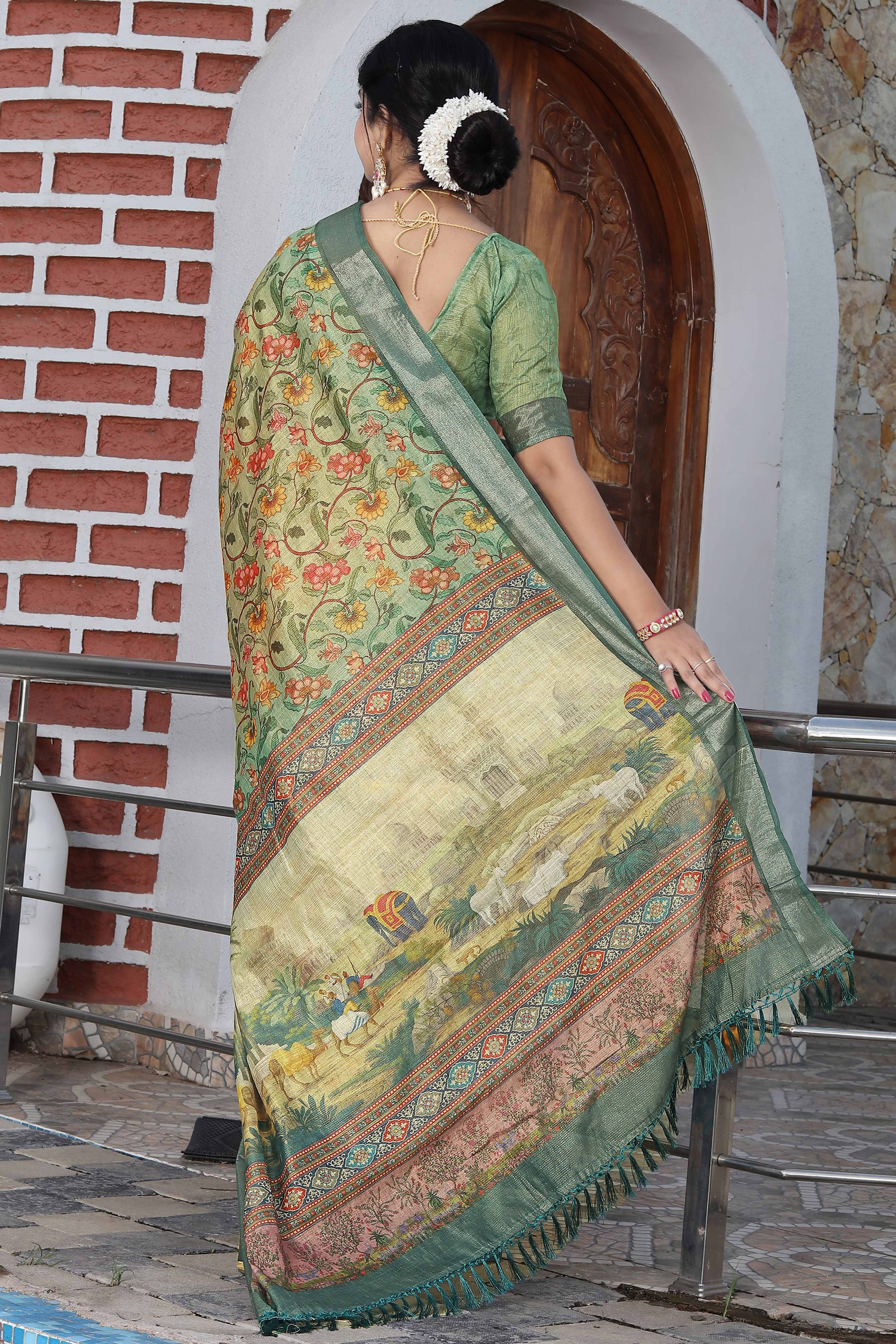Beautiful Sage Green Tissue Handloom Saree with Detailed Digital Floral Embellishments
