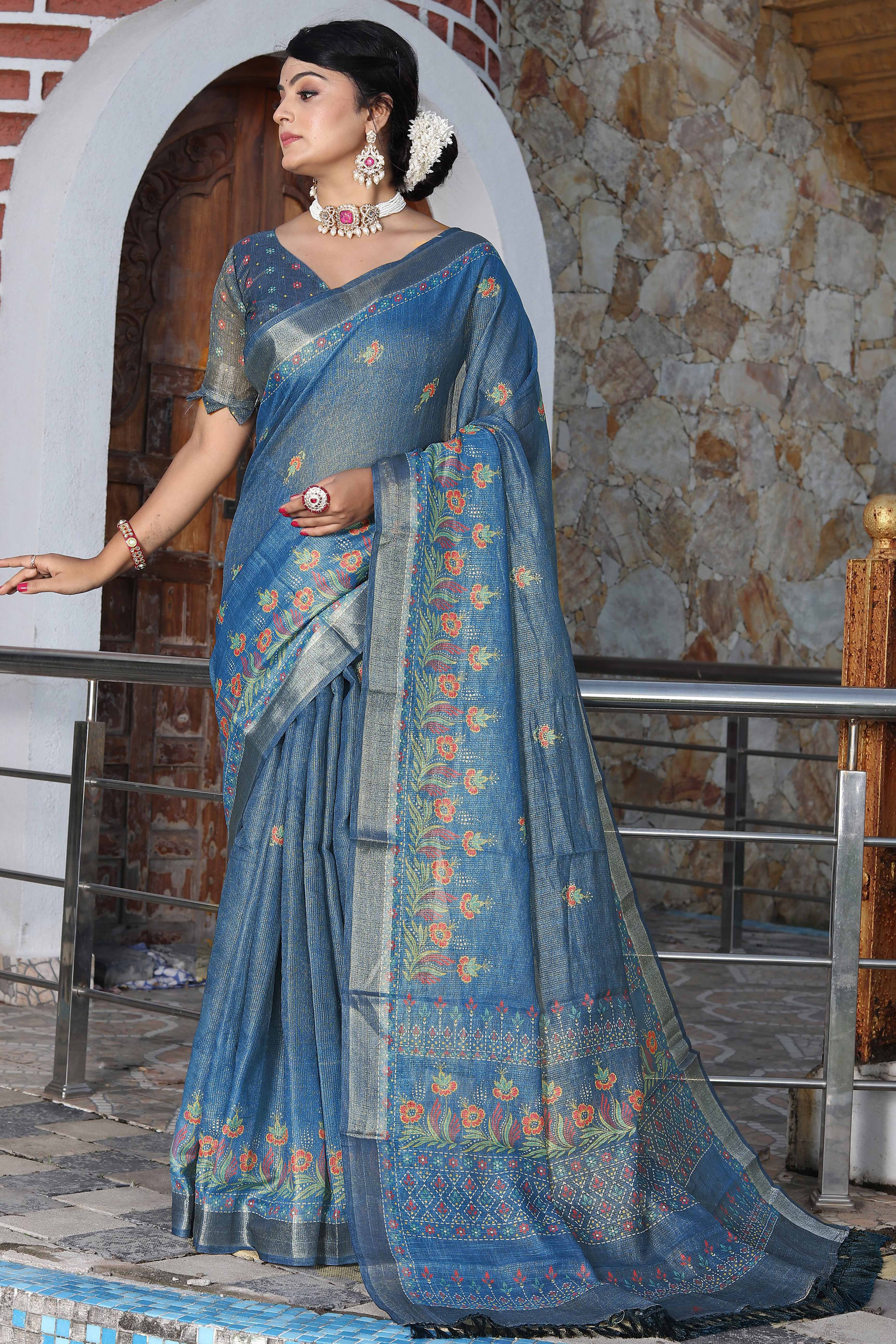 Beautiful Blue Tissue Handloom Saree with Detailed Digital Floral Embellishments