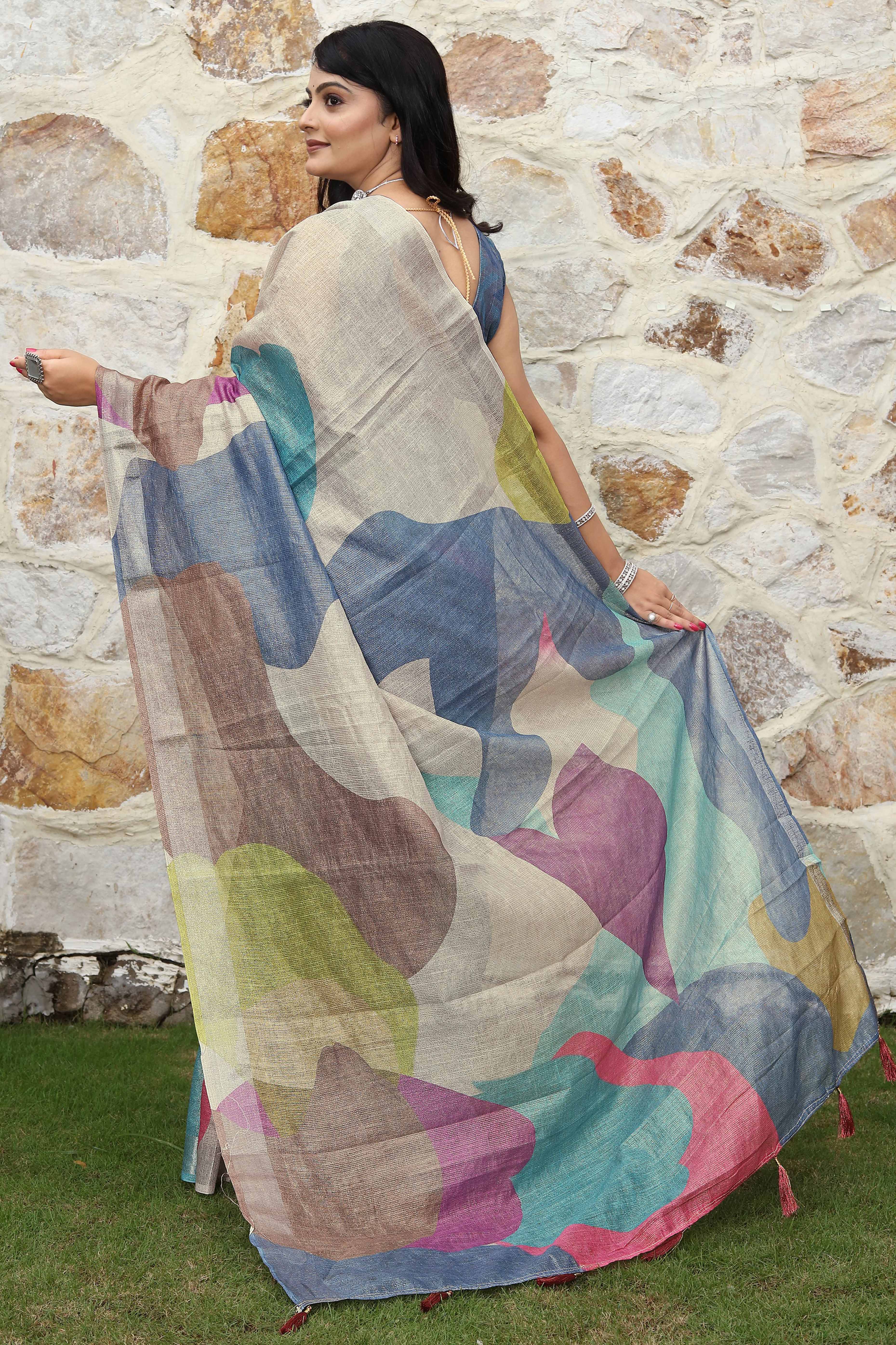 Beautiful Multicolor Tissue Handloom Saree with Detailed Digital Floral Embellishments