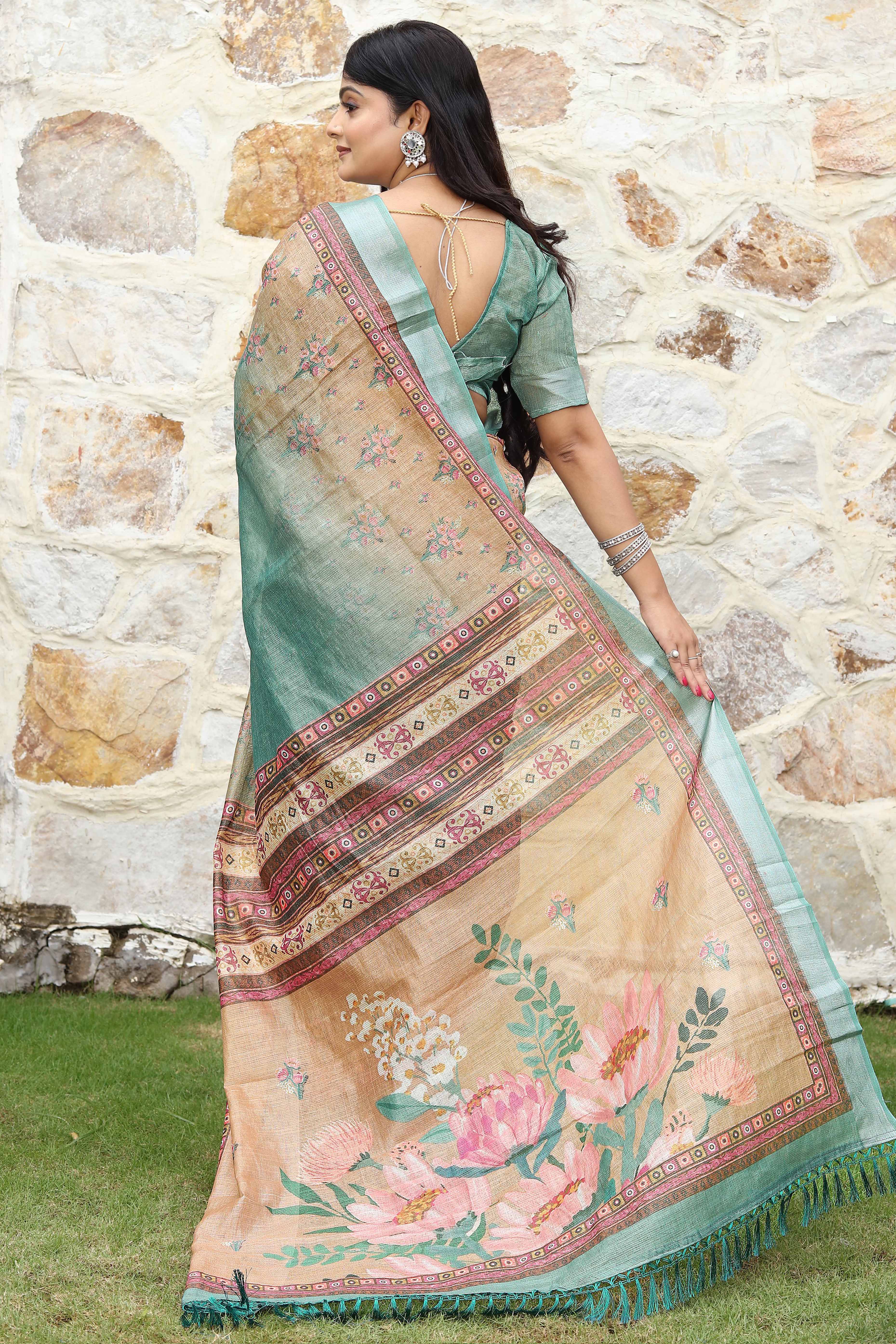 Beautiful Beige & Mint Green Tissue Handloom Saree with Detailed Digital Floral Embellishments