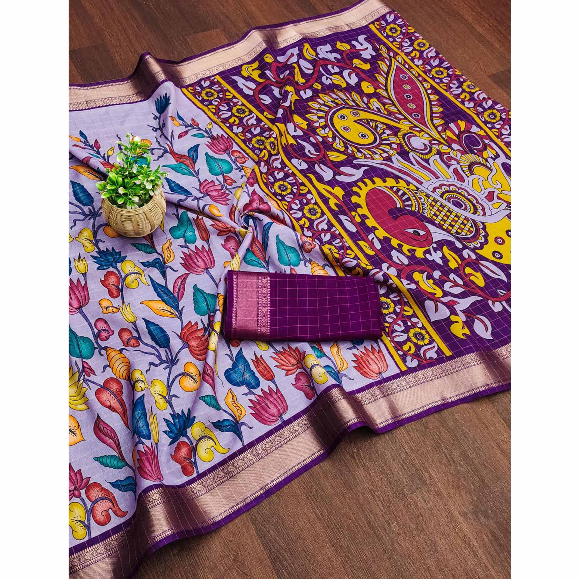 Lavender Floral Printed Dola Silk Saree With Zari Border