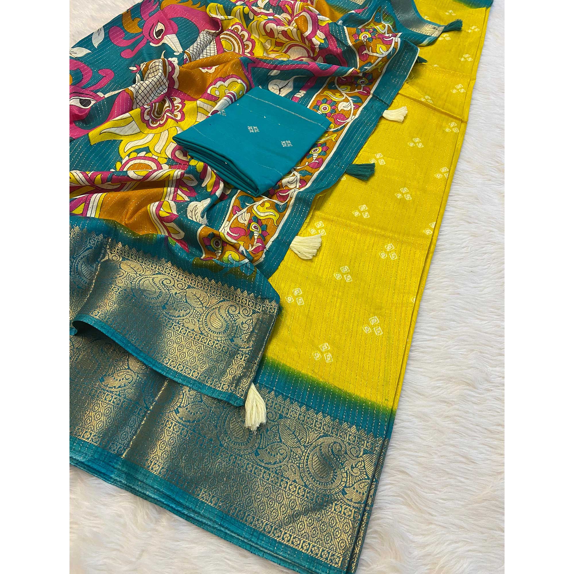 Yellow Bandhani Print Weaving Dola Silk Saree