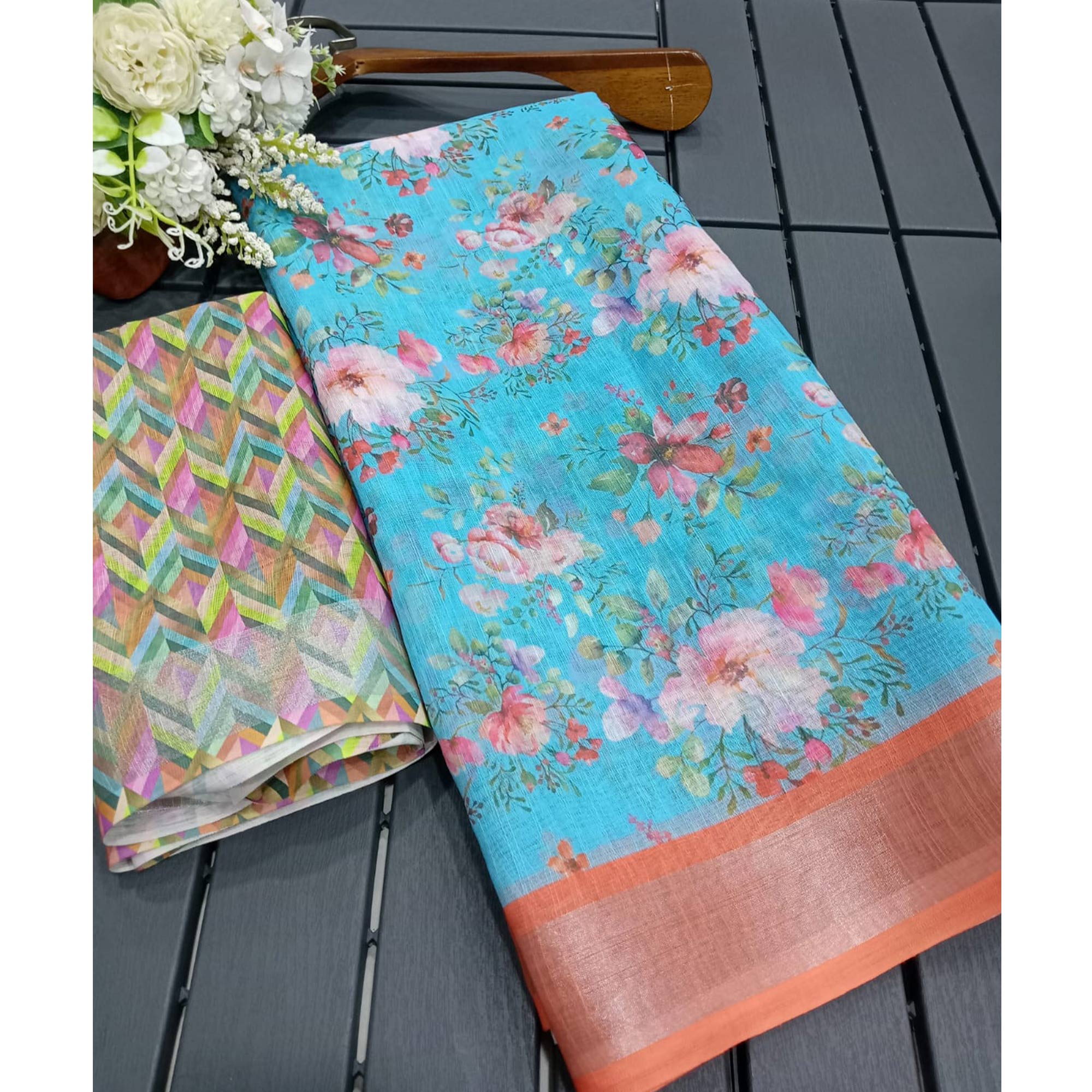 Sky Blue Floral Digital Printed Linen Saree