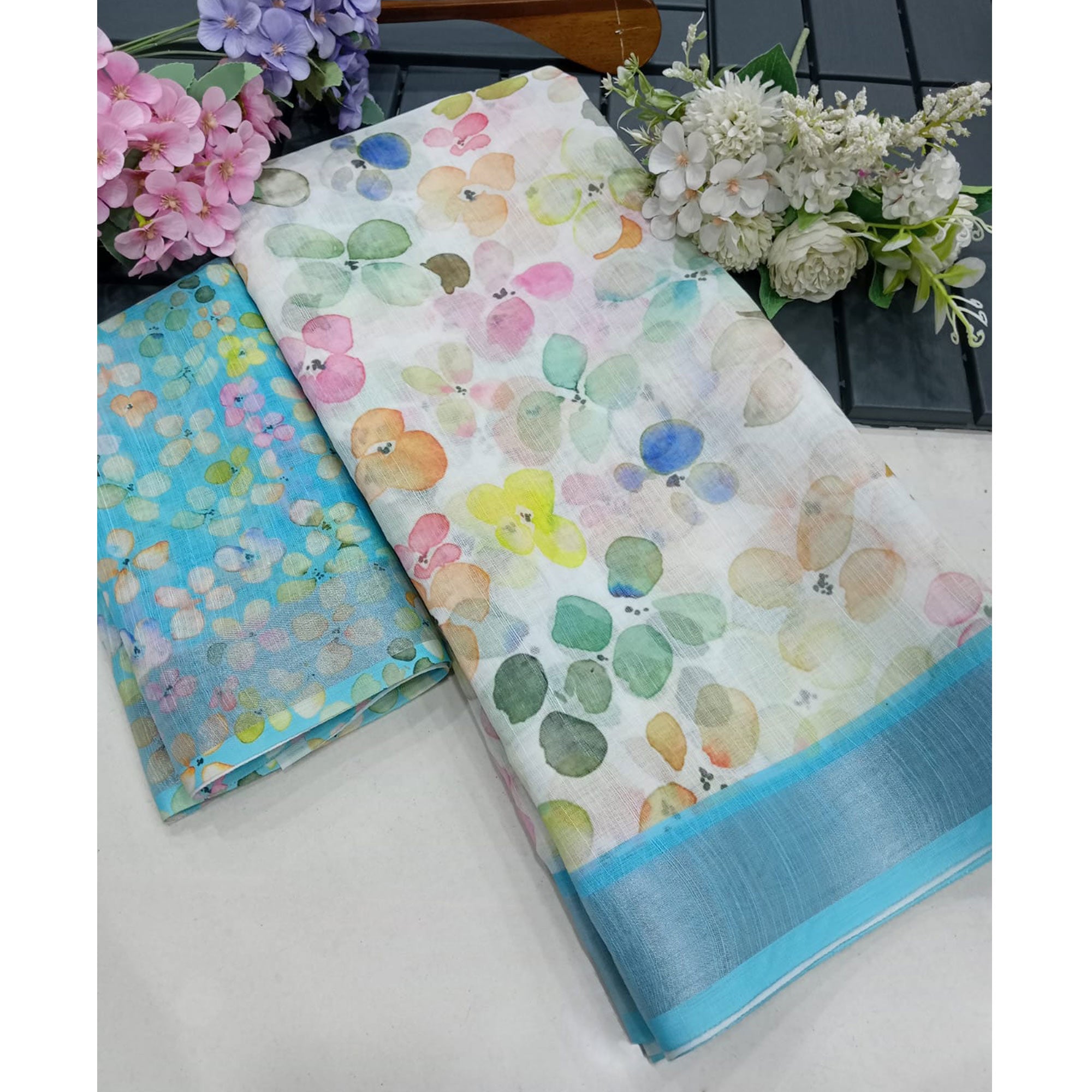 White & Blue Floral Digital Printed Linen Saree
