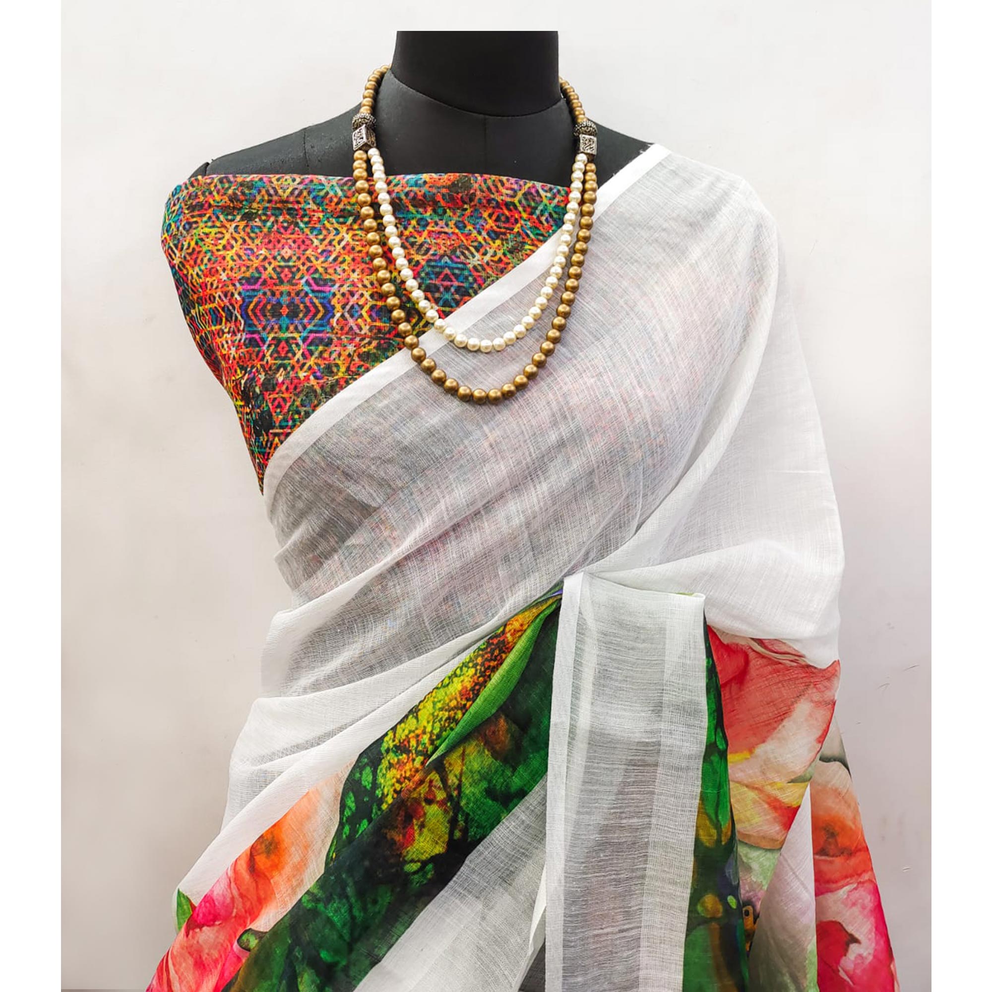 White Floral Digital Printed Linen Saree