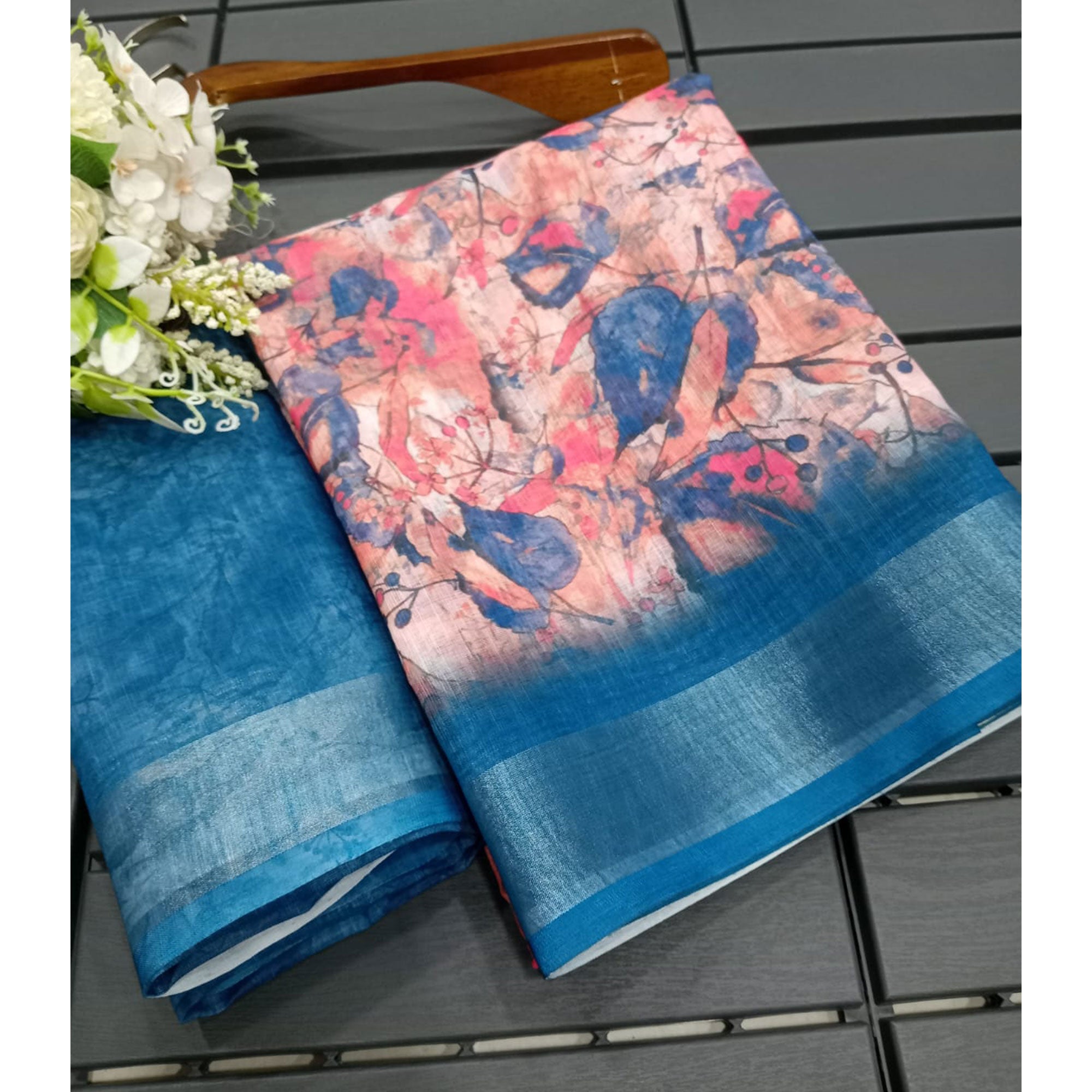 Peach & Blue Floral Printed Linen Saree