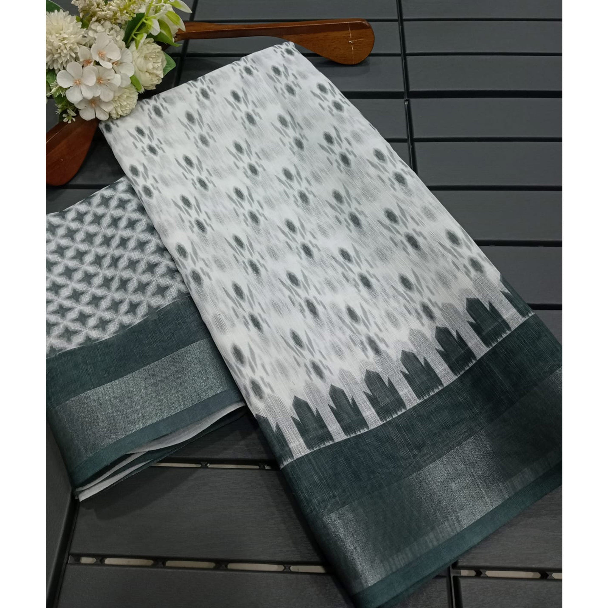 White & Grey Ikkat Printed Linen Saree