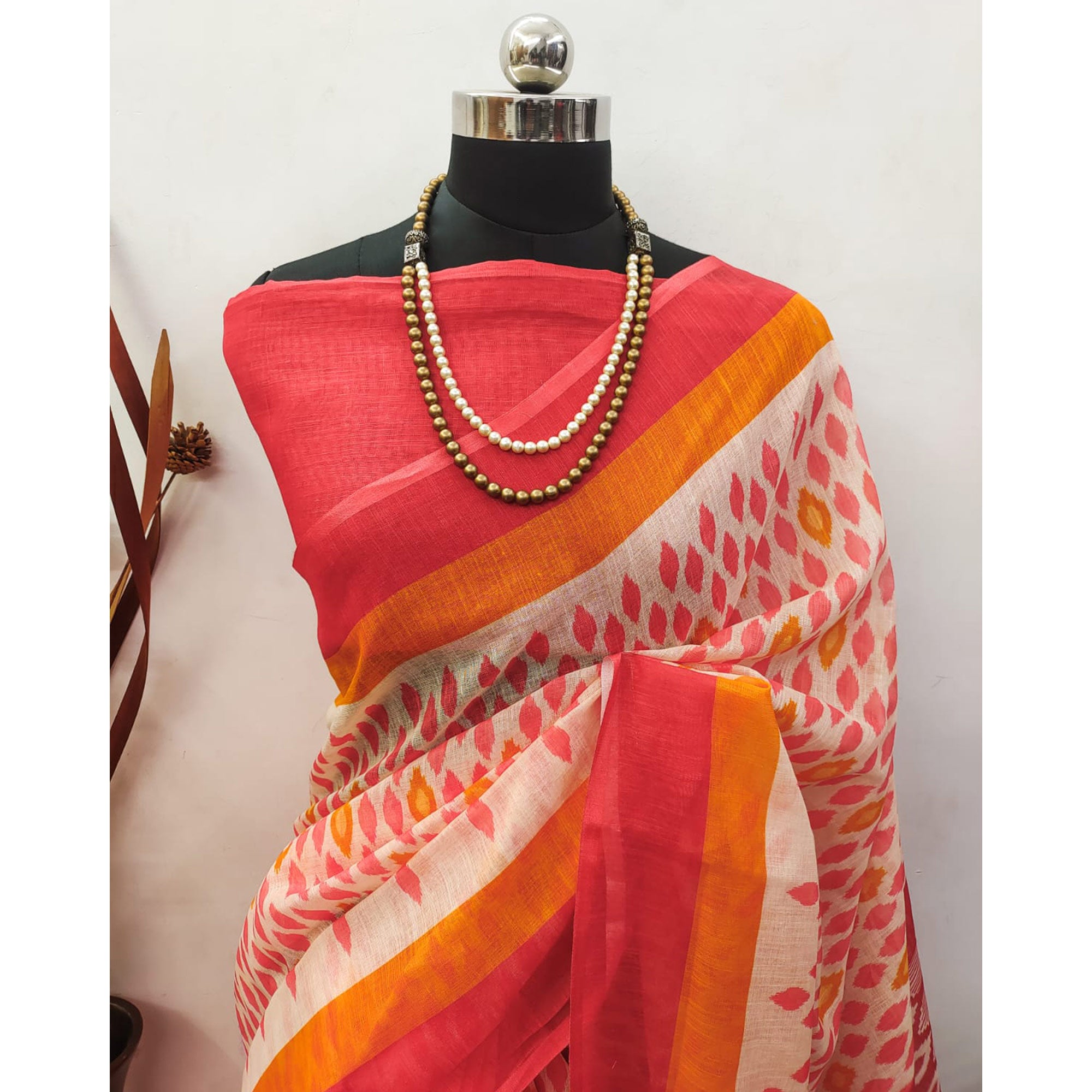 Off White & Red Digital Printed Linen Saree