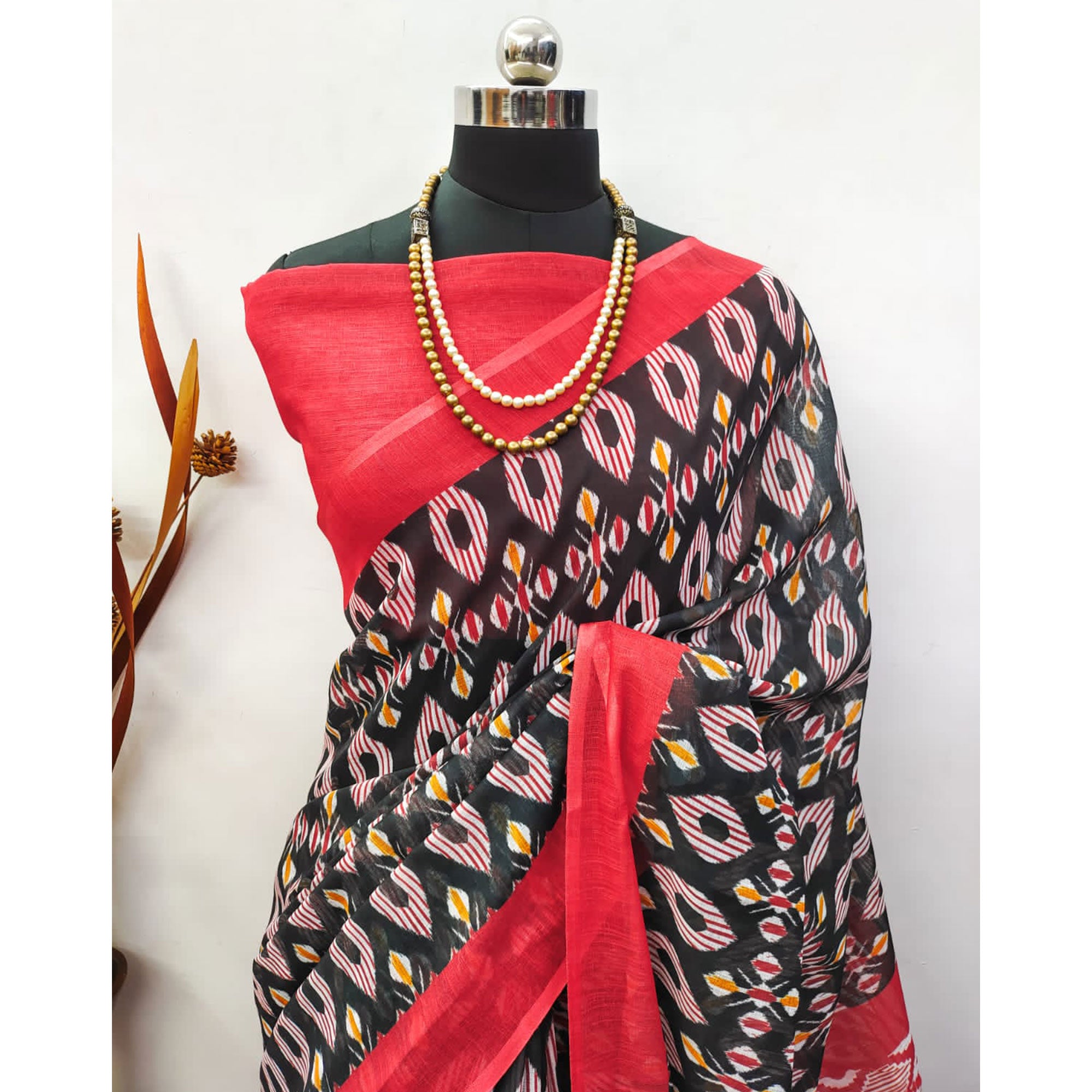 Black & Red Digital Printed Linen Saree