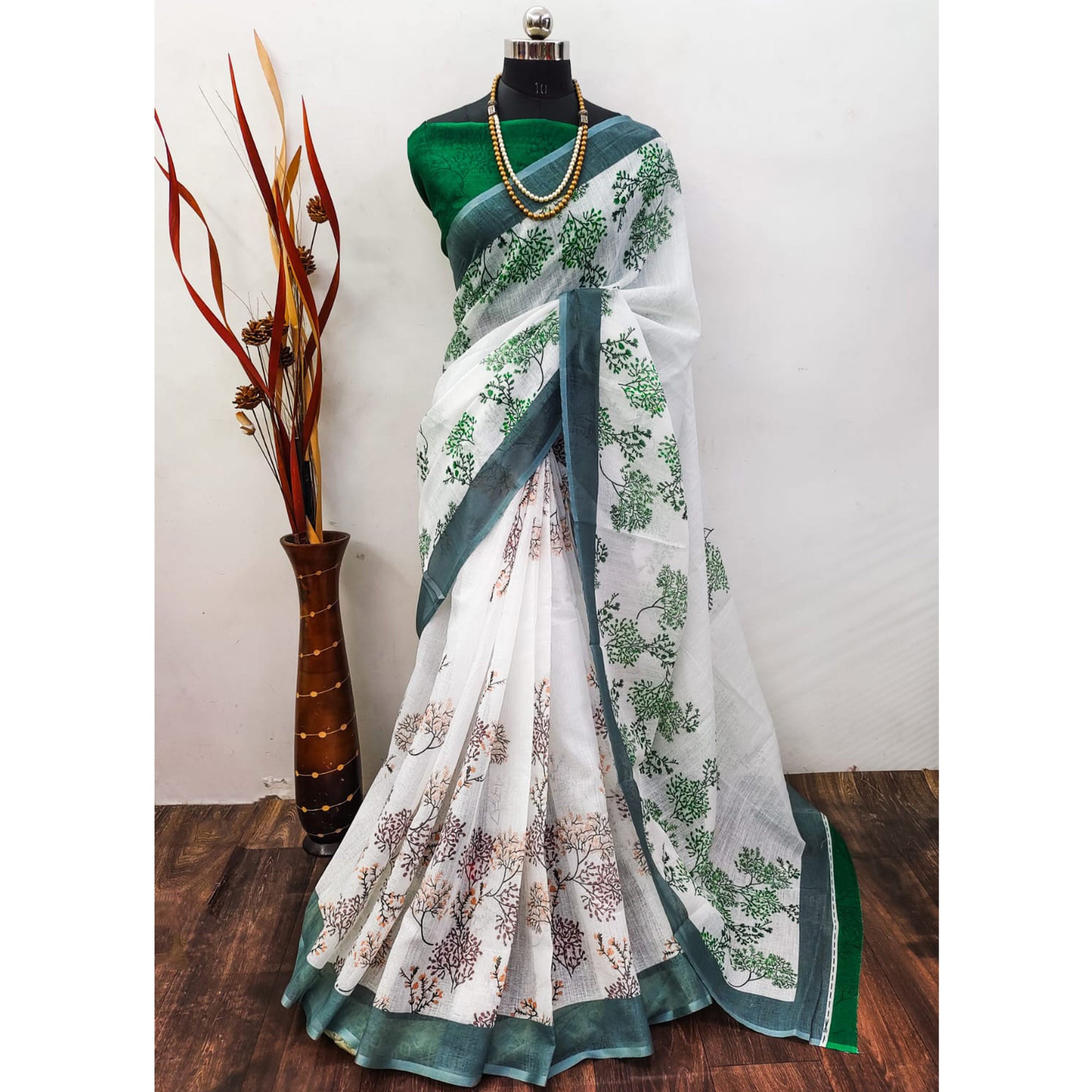 White & Green Floral Digital Printed Linen Saree with Zari Border