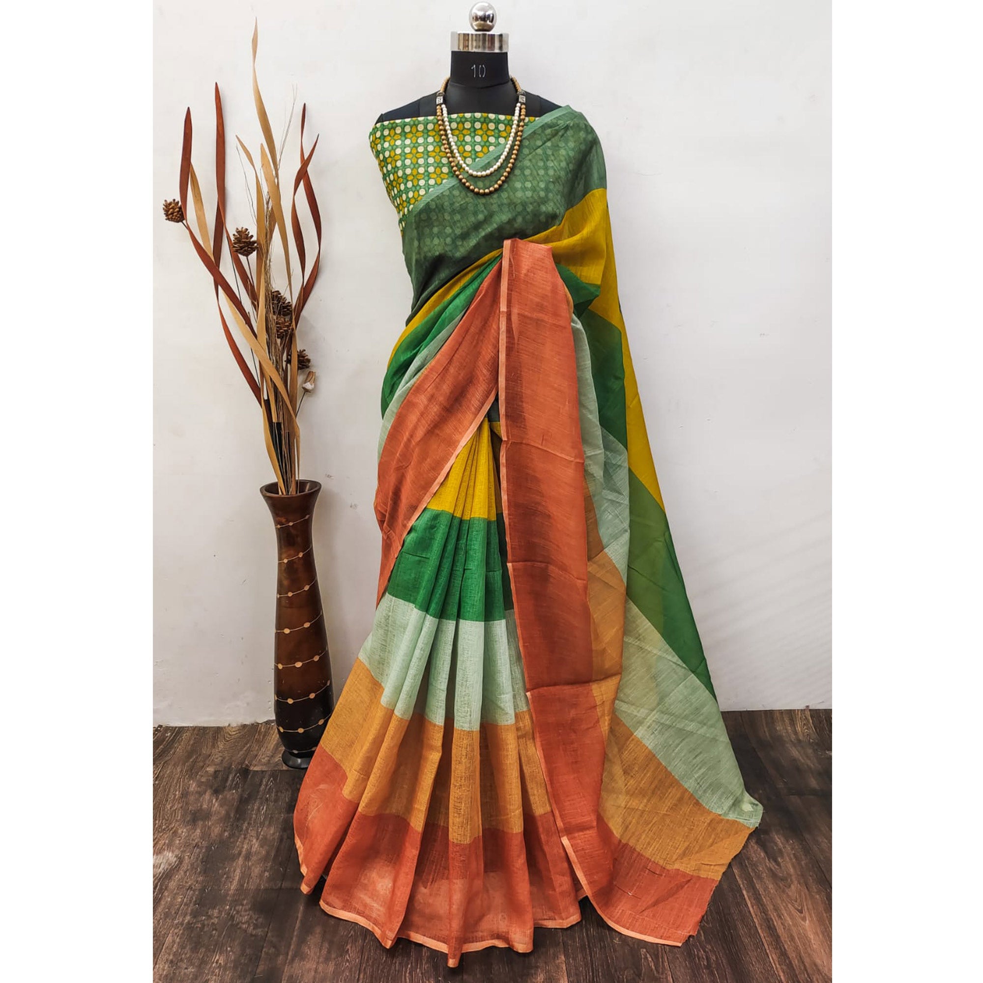 Multicolor Digital Printed Linen Saree with Zari Border