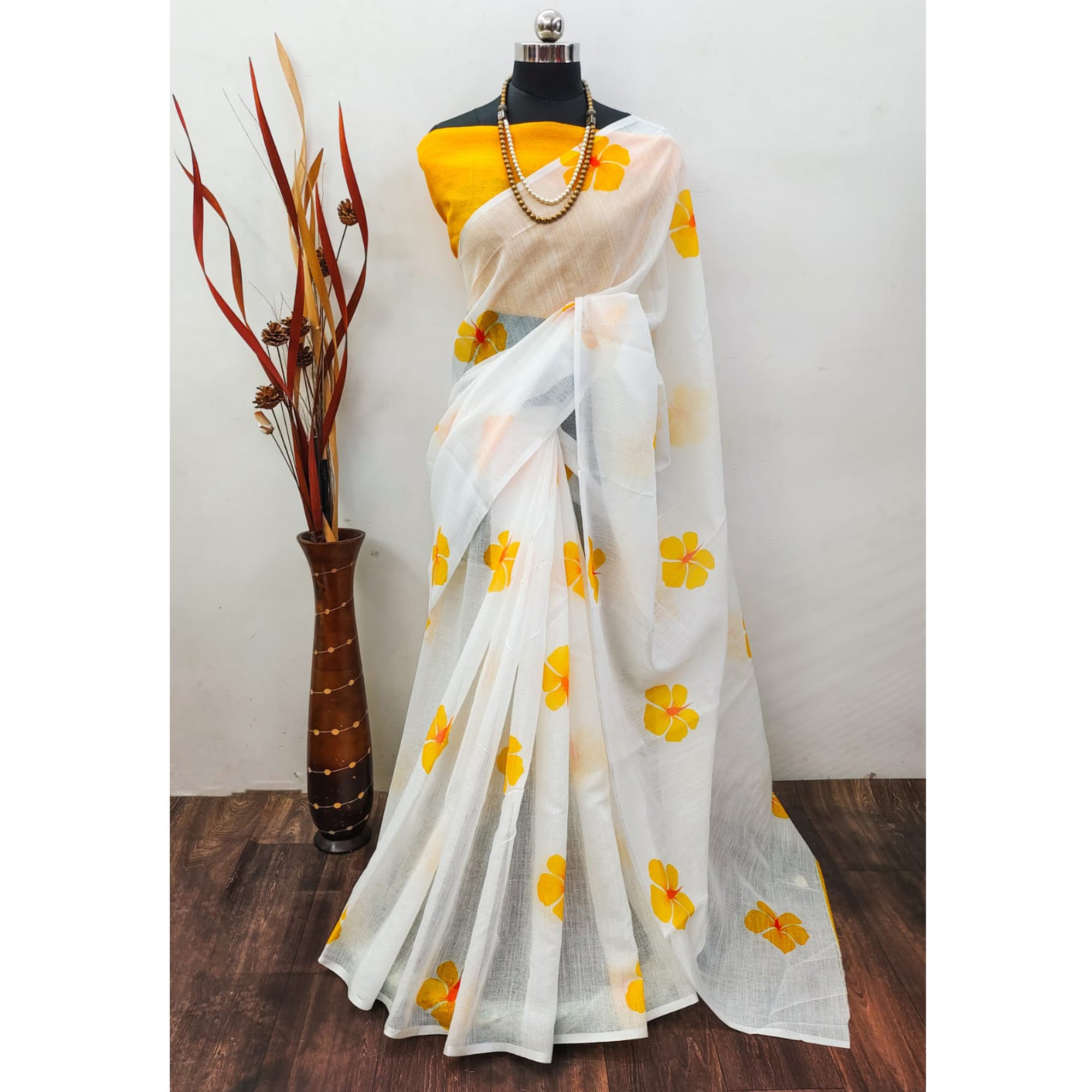 White & Yellow Floral Digital Printed Linen Saree with Zari Border
