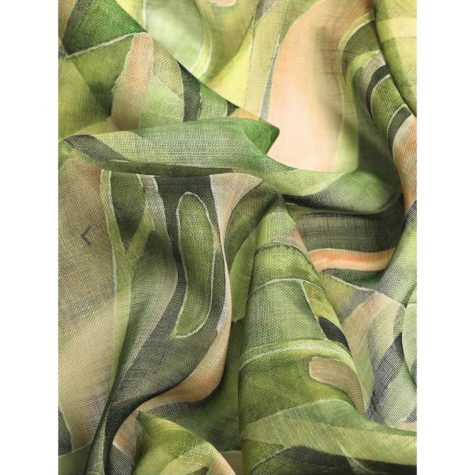 Green Abstract Digital Printed Linen Saree with Zari Border