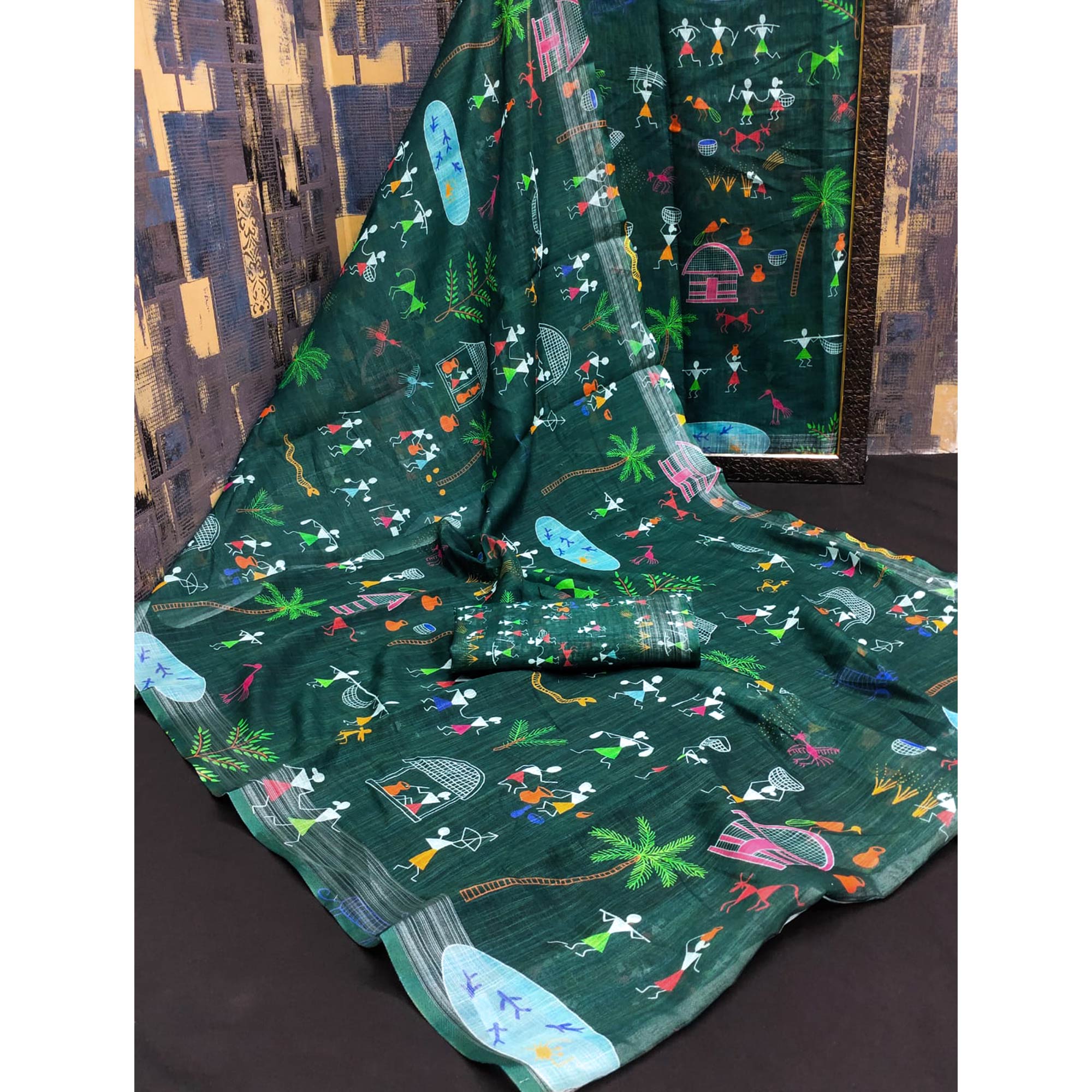 Green Digital Printed Linen Saree