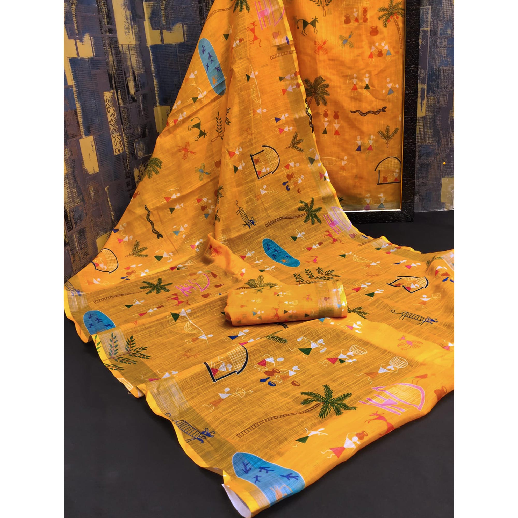 Yellow Digital Printed Linen Saree