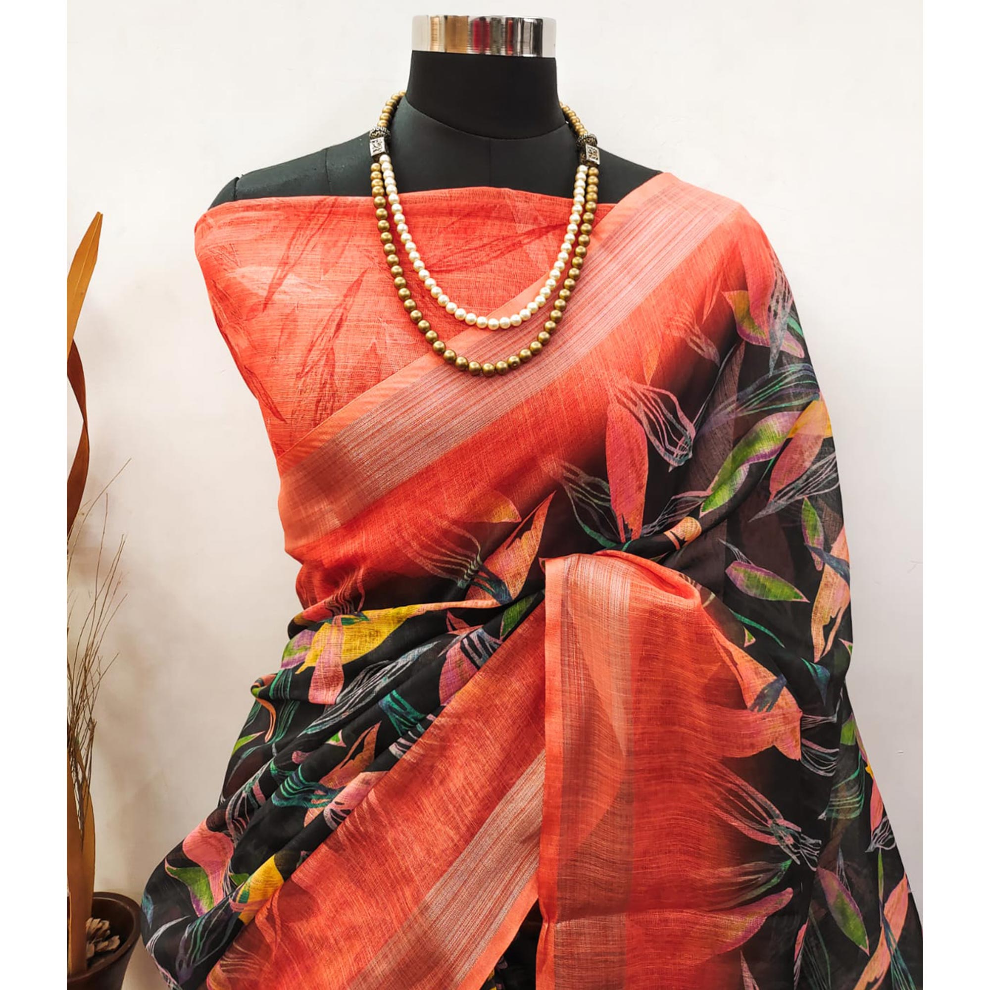 Black & Orange Digital Printed Linen Saree With Border