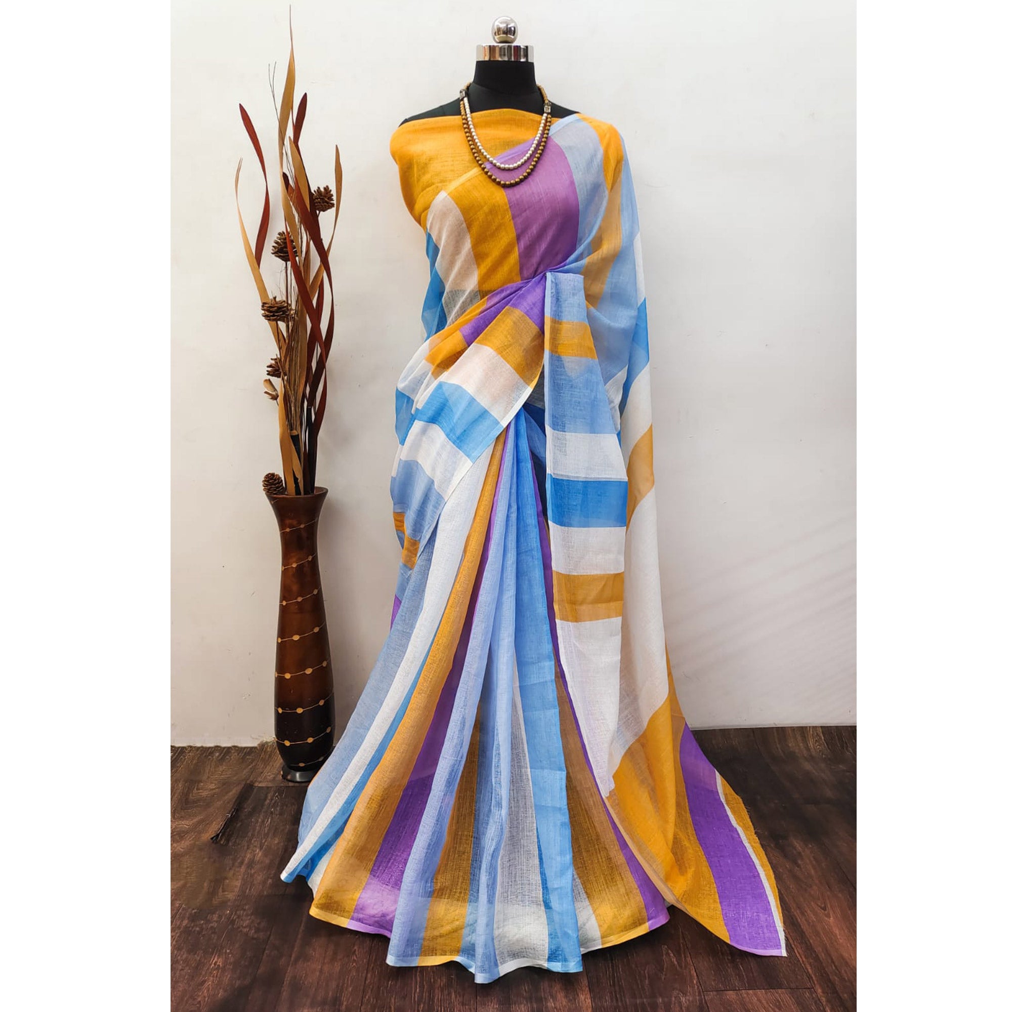 Multicolor Striped Printed Linen Saree