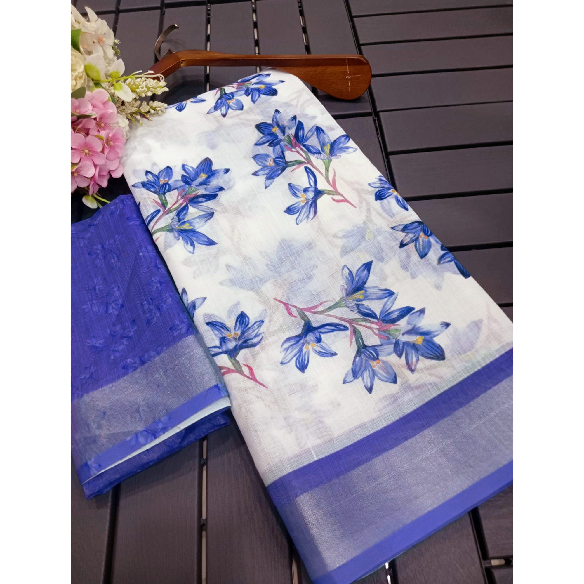 White & Blue Floral Digital Printed Linen Saree