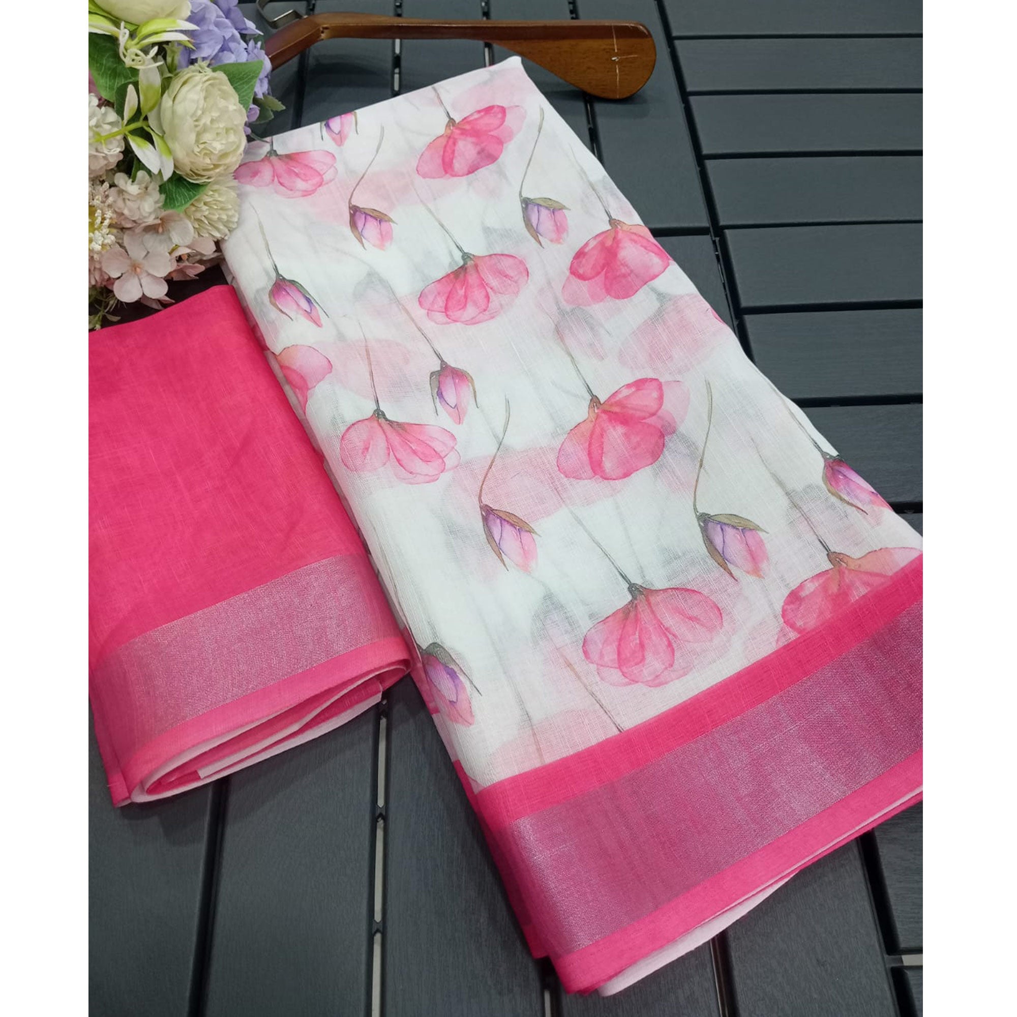 White & Pink Floral Digital Printed Linen Saree