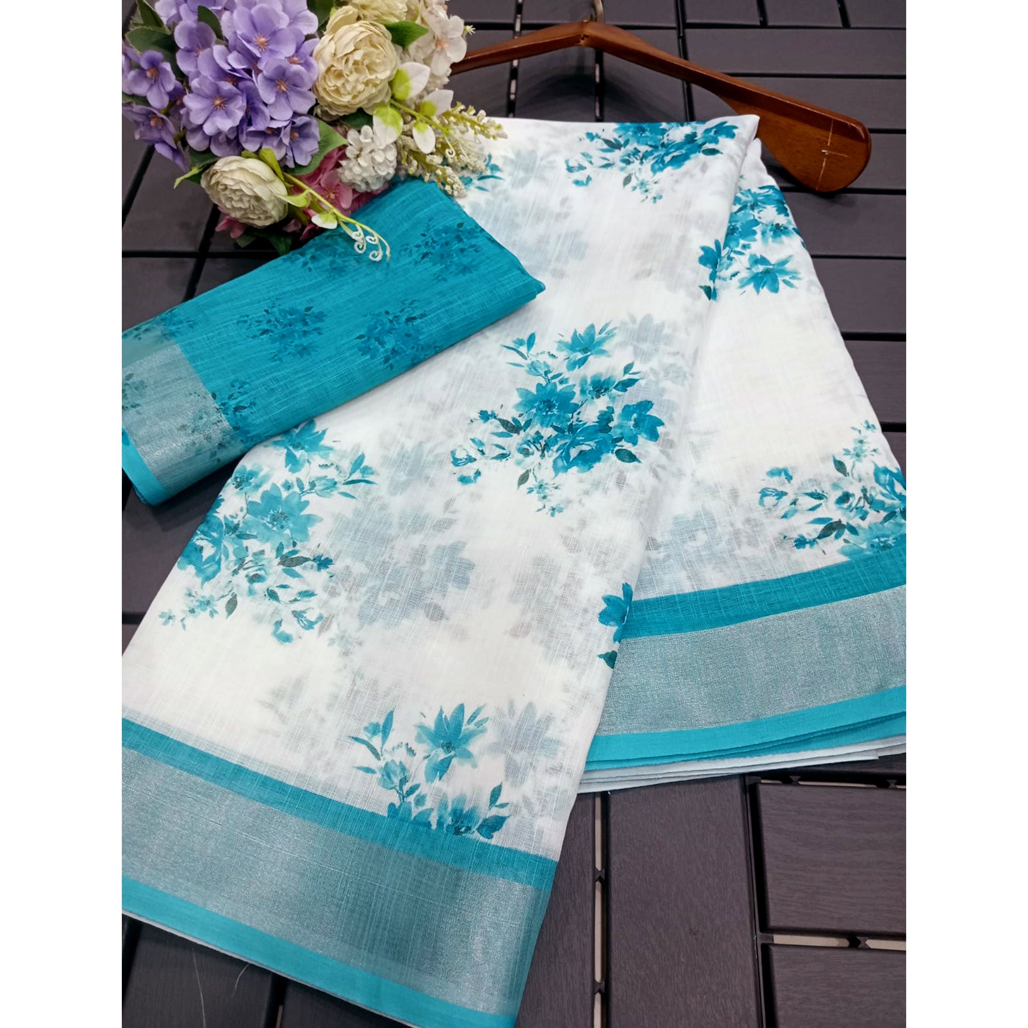 White & Sky Blue Floral Digital Printed Linen Saree