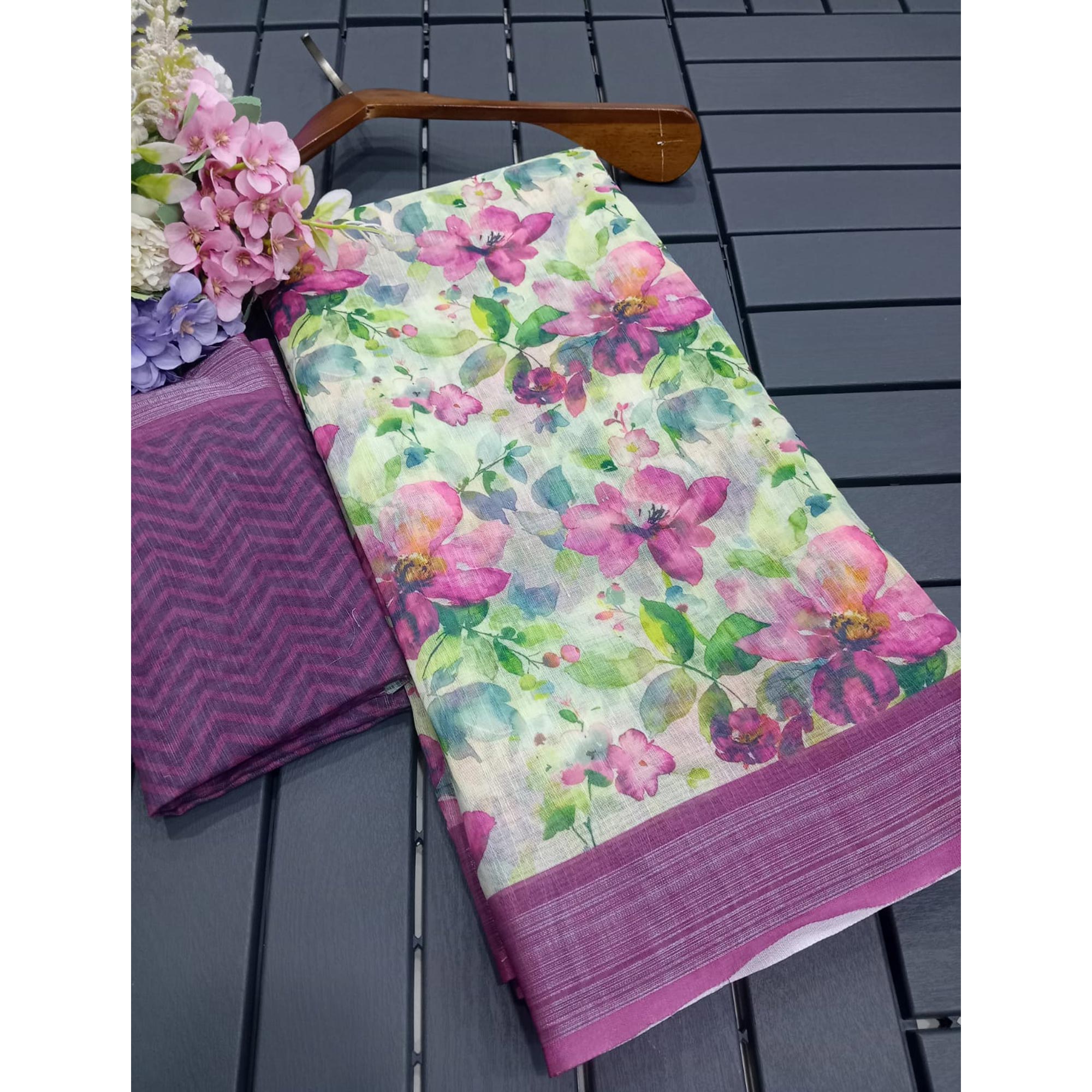 Purple Floral Digital Printed Linen Saree