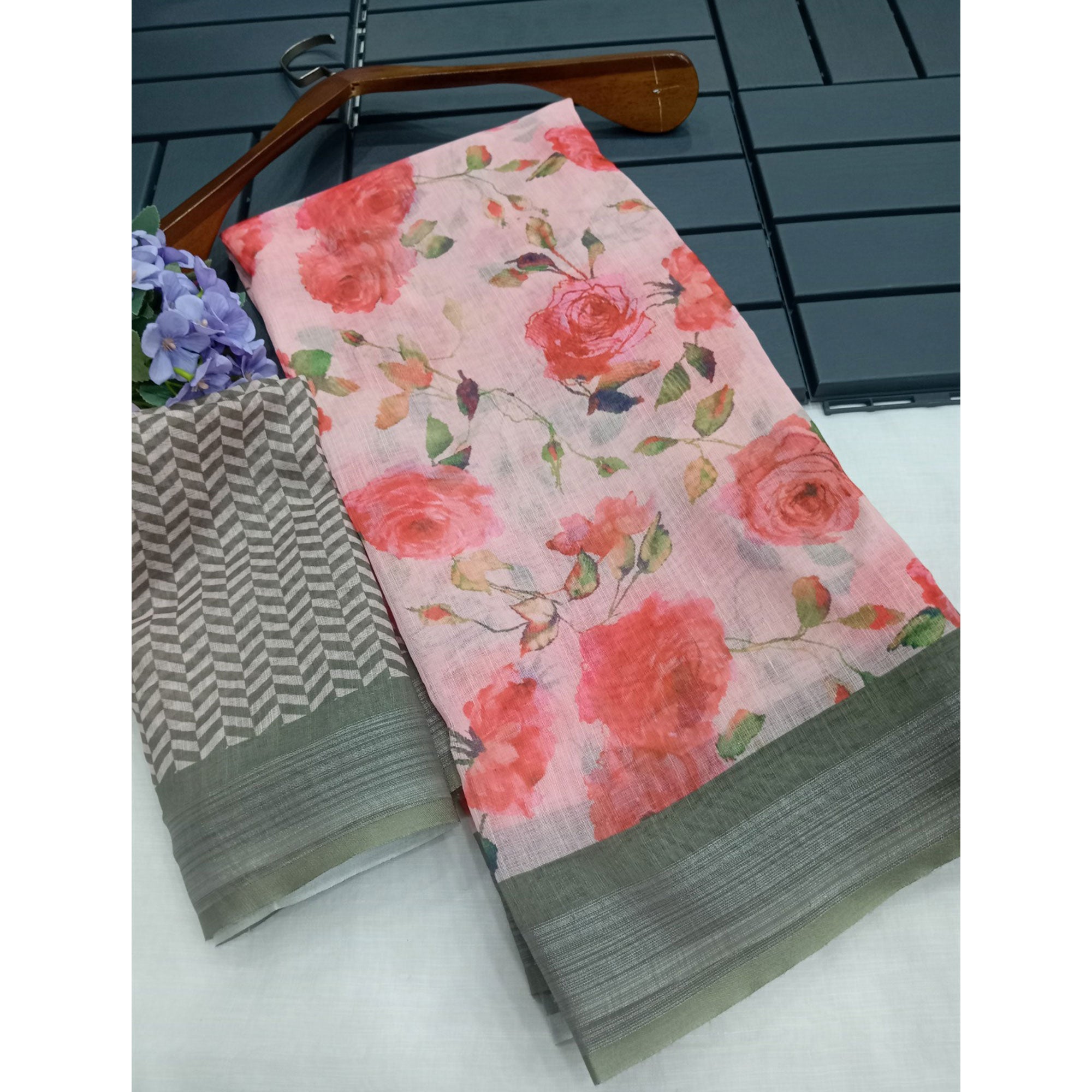 Peach Floral Digital Printed Linen Saree