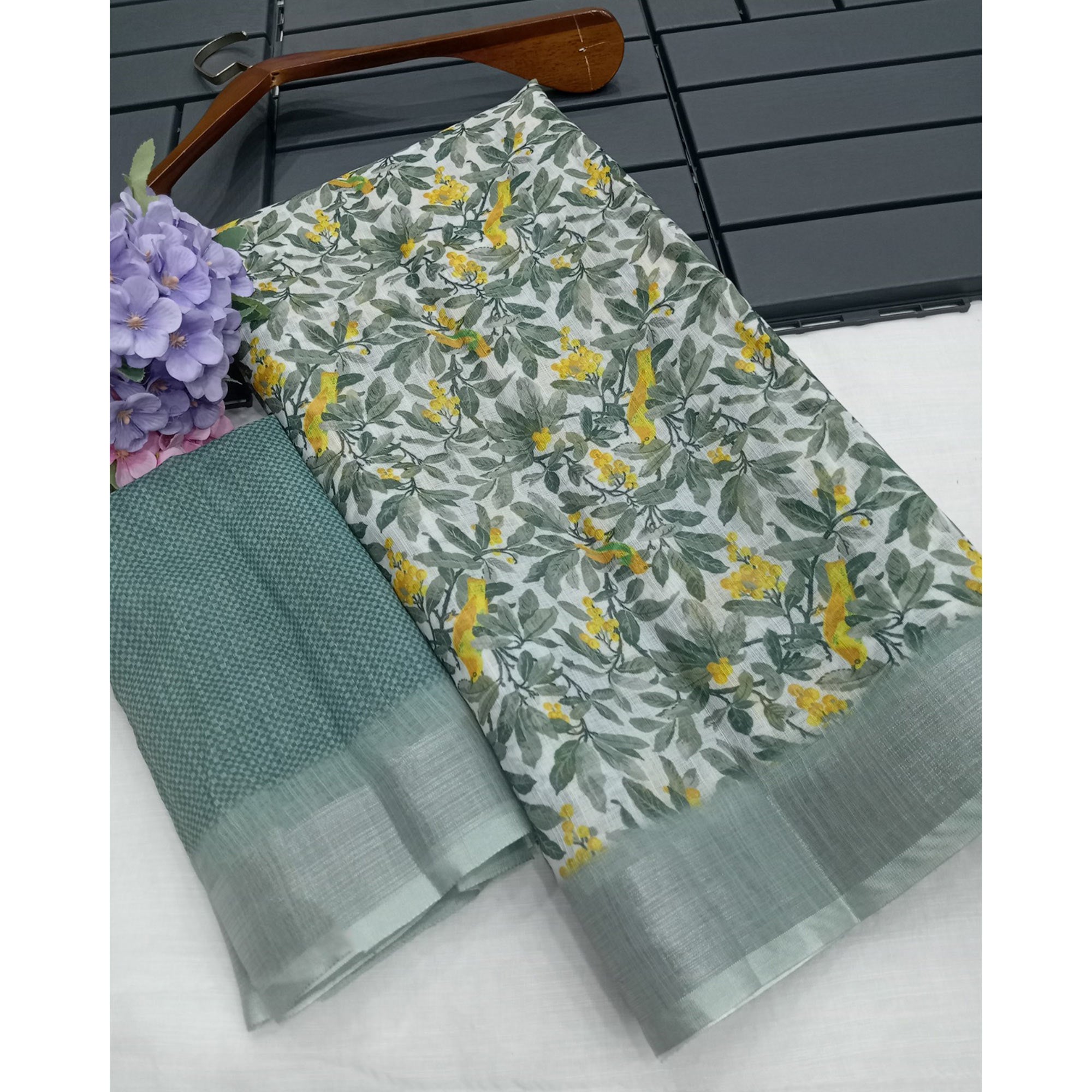 Grey Floral Digital Printed Linen Saree