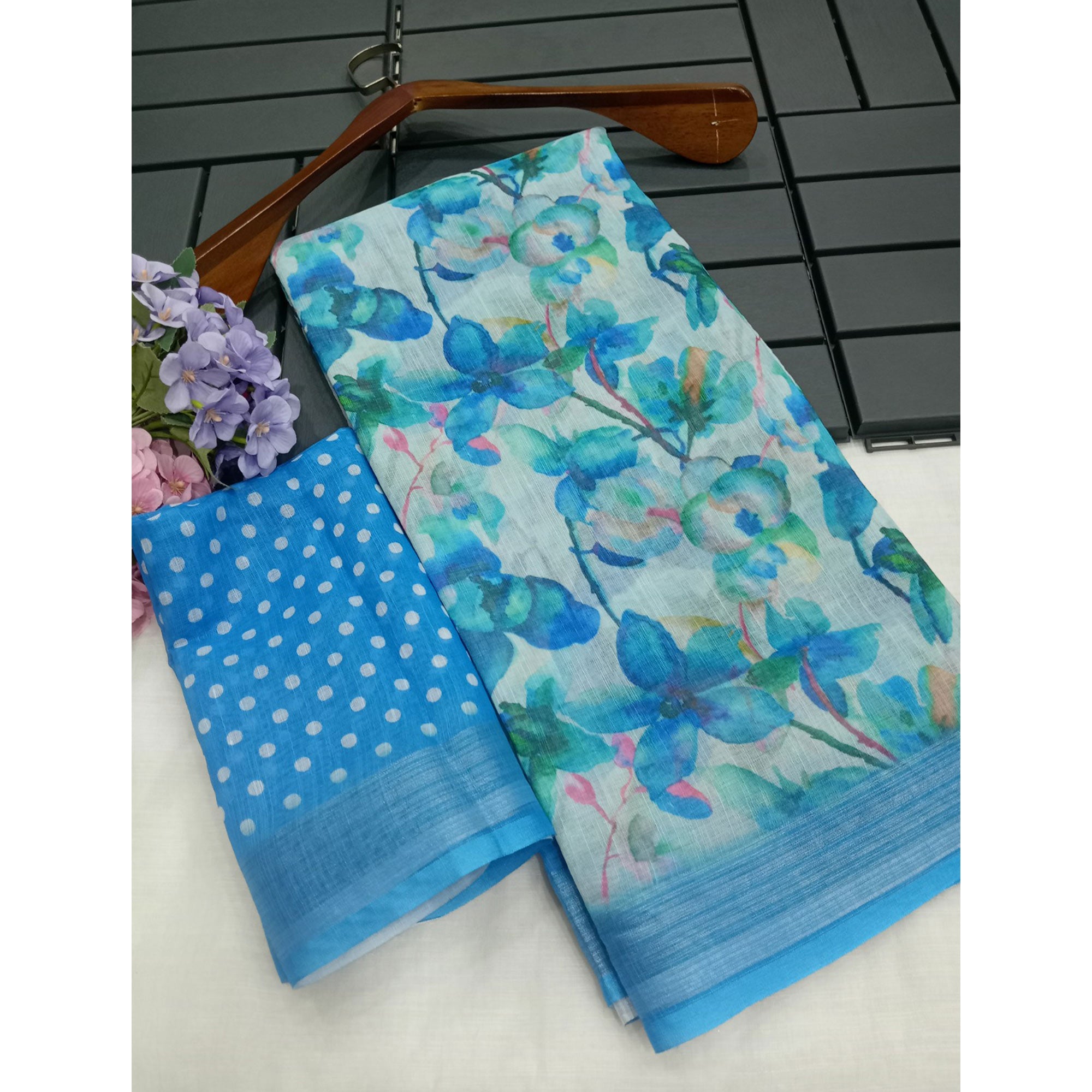 Blue Floral Digital Printed Linen Saree