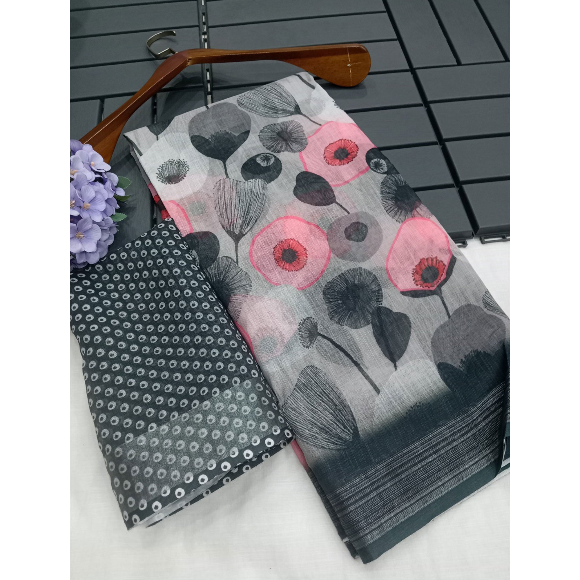 Dark Grey Floral Digital Printed Linen Saree